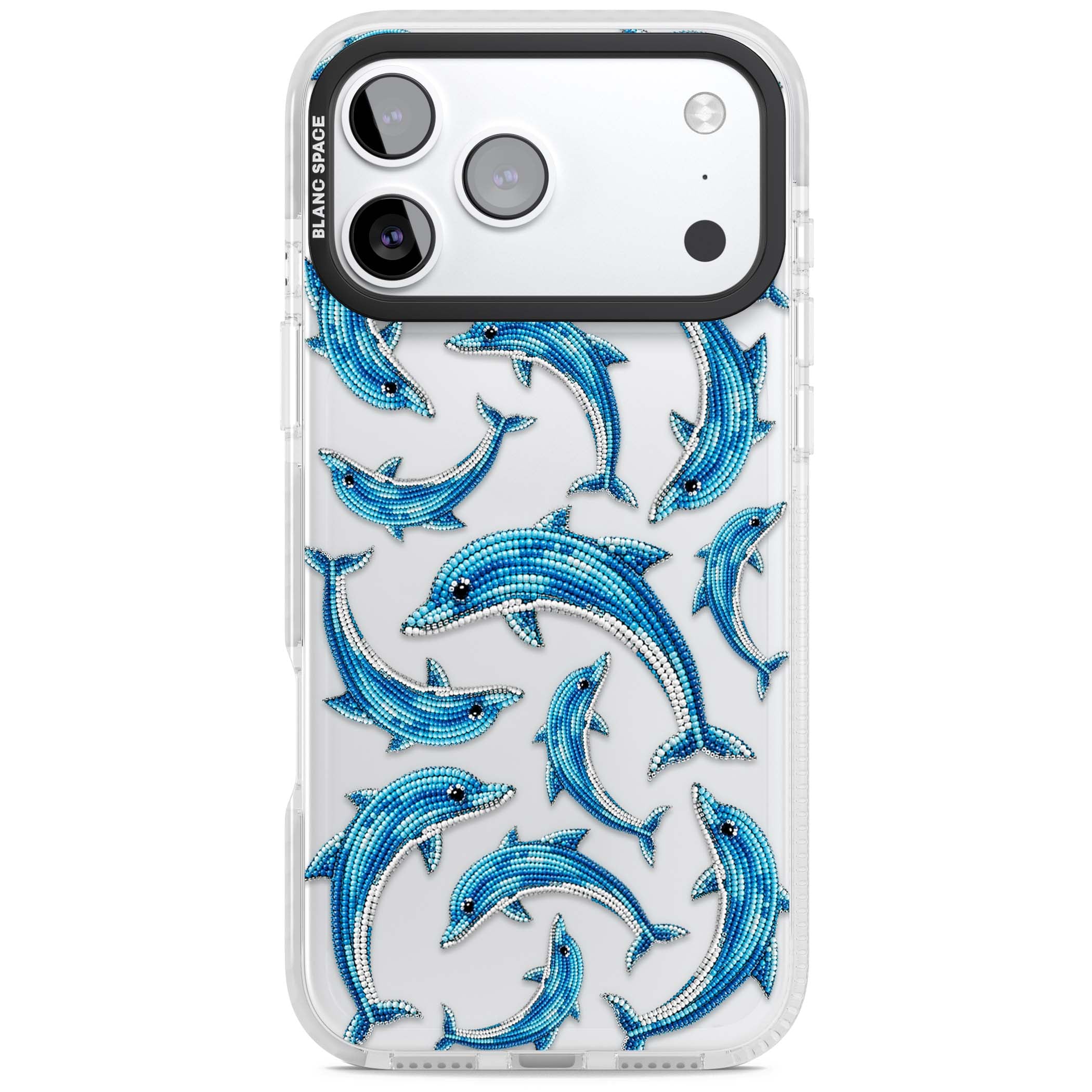 Beaded Dolphins coastal iPhone case featuring beaded dolphins in blue and white swimming across a clear background | Black Impact case for iPhone 17 Pro, iPhone 17 Pro Max