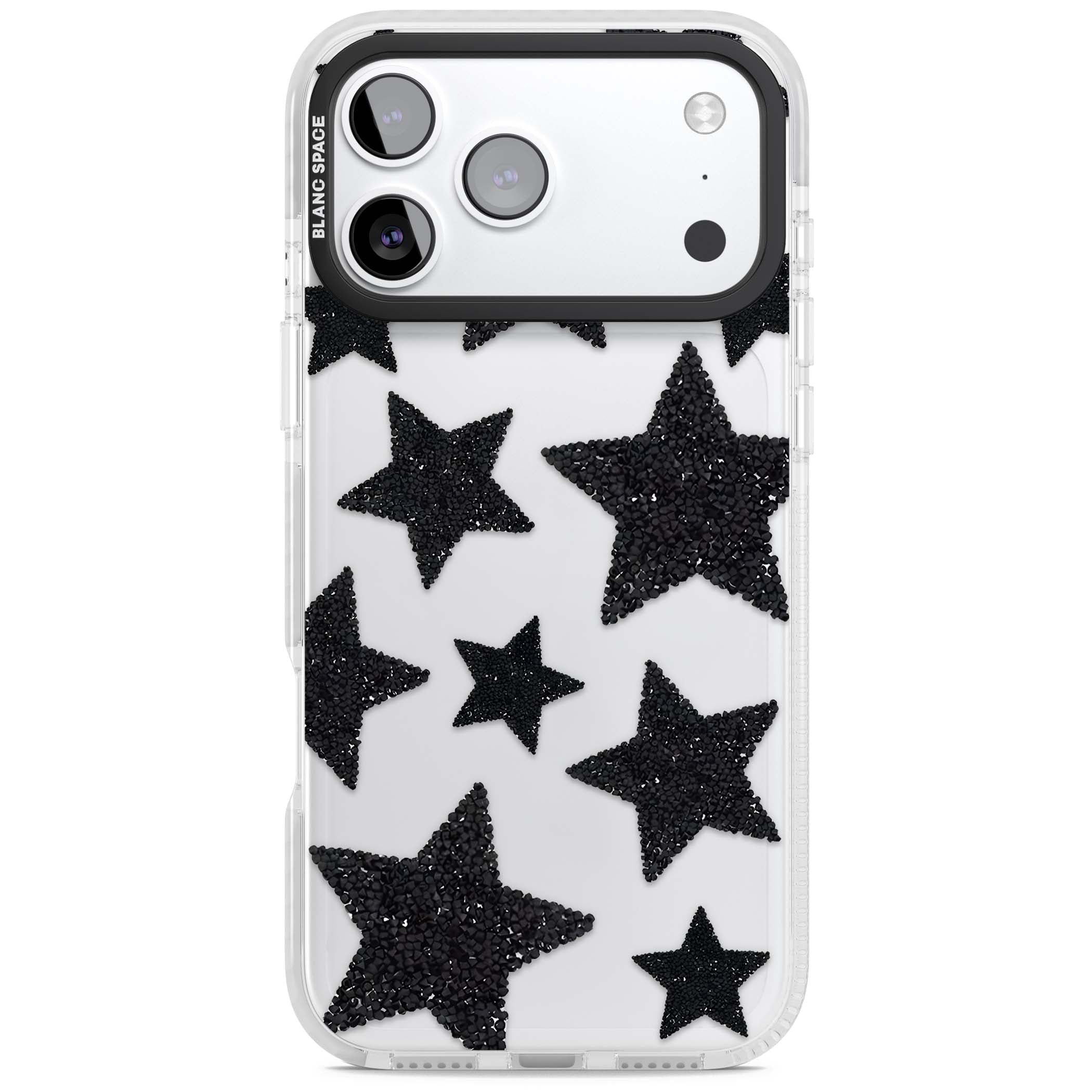 Beaded Black Stars celestial iPhone case featuring black glitter beaded stars scattered on a clear background | Black Impact case for iPhone 17 Pro, iPhone 17 Pro Max