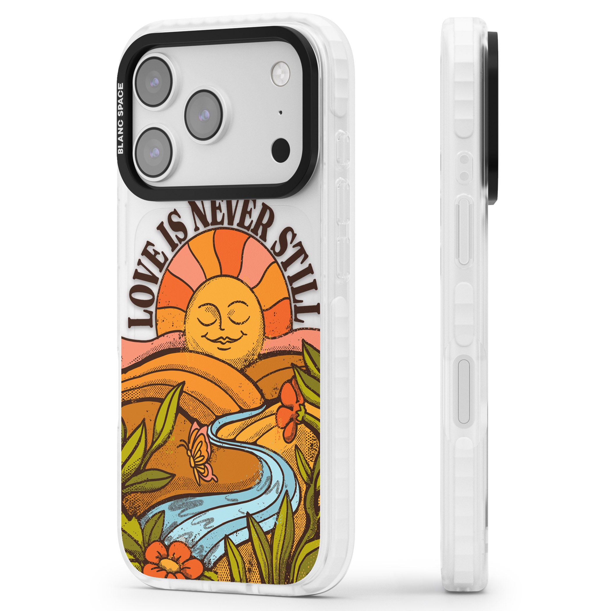 Love Is Never Still iPhone 17 Pro Impact Clear Phone Case Side Profile