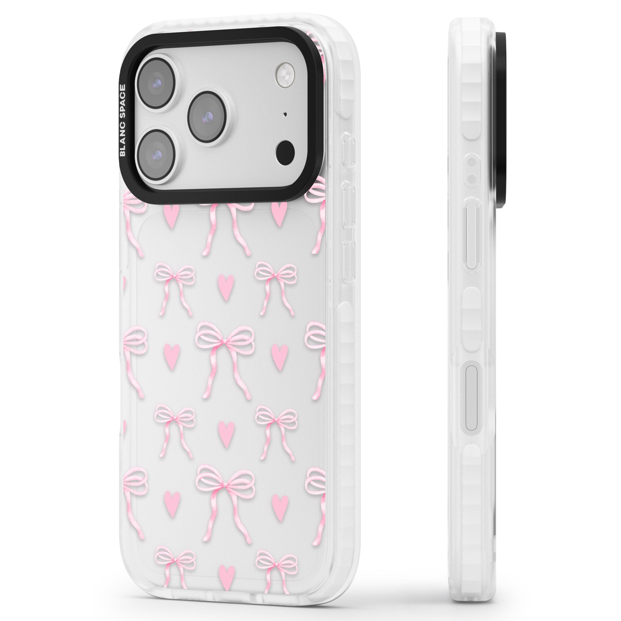 Pink Bows & Hearts iPhone 17 Pro Impact Clear Phone Case Side Profile