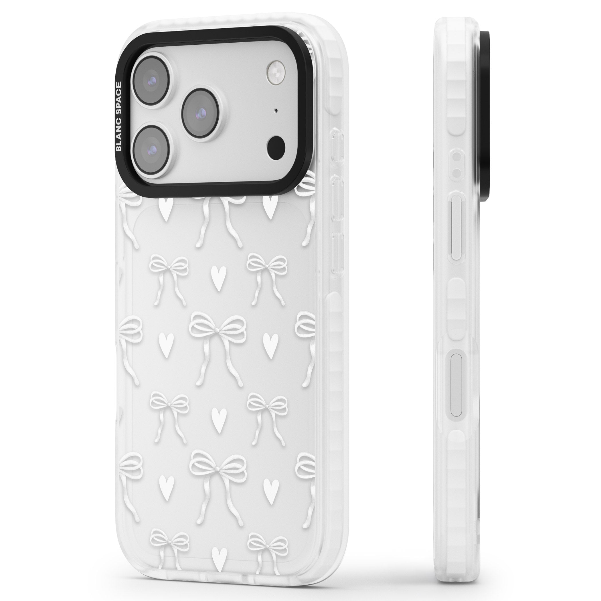 White Bows & Hearts iPhone 17 Pro Impact Clear Phone Case Side Profile