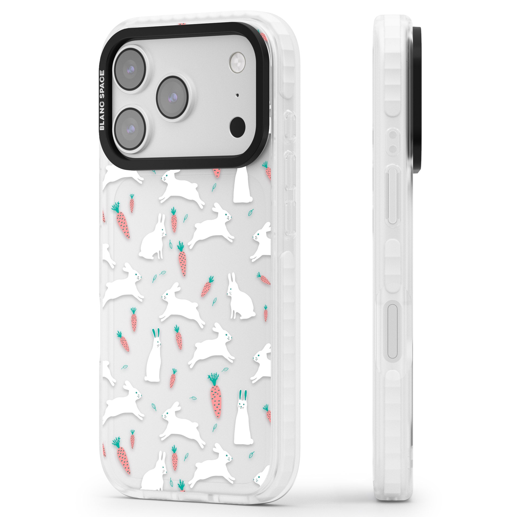 White Bunnies And Carrots iPhone 17 Pro Impact Clear Phone Case Side Profile