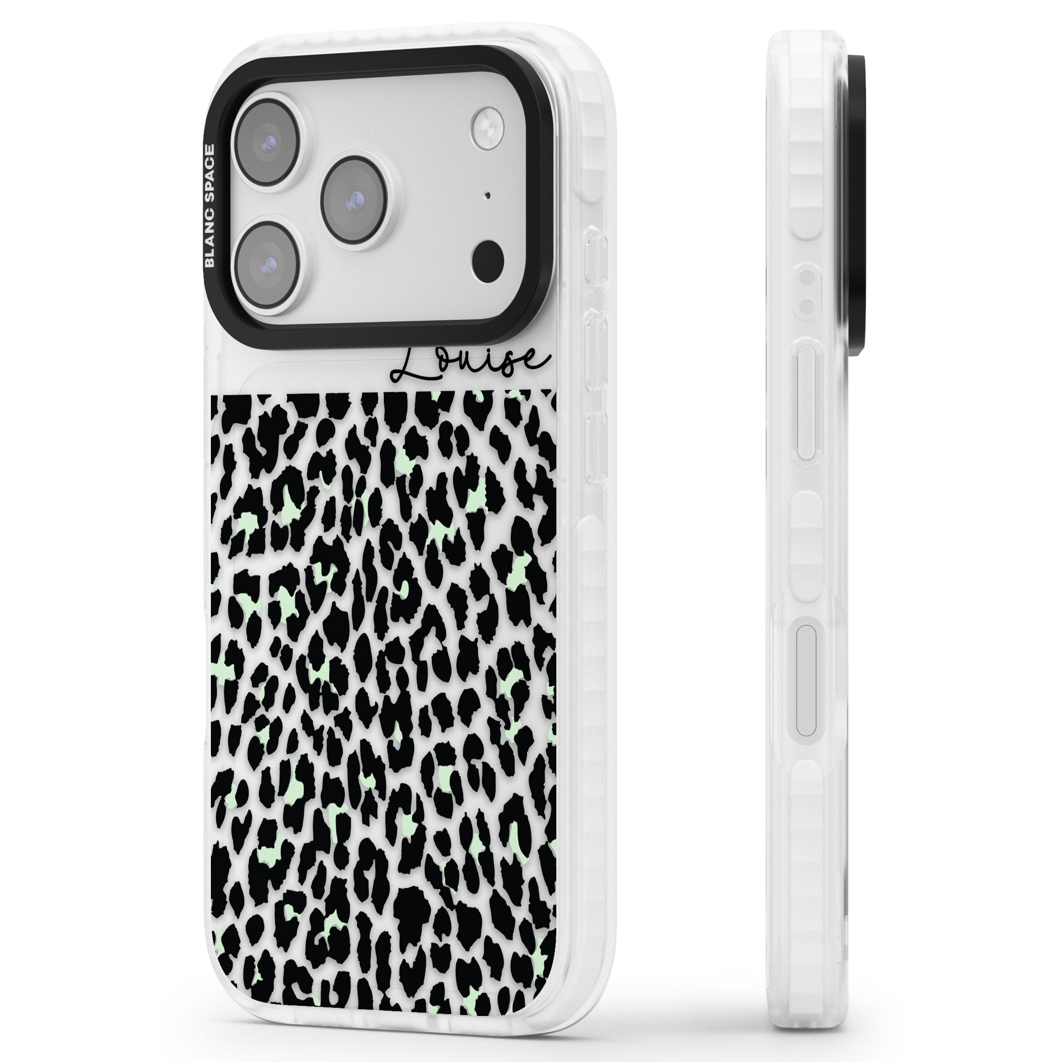 Personalised Seafoam Leopard iPhone 17 Pro Impact Clear Phone Case Side Profile