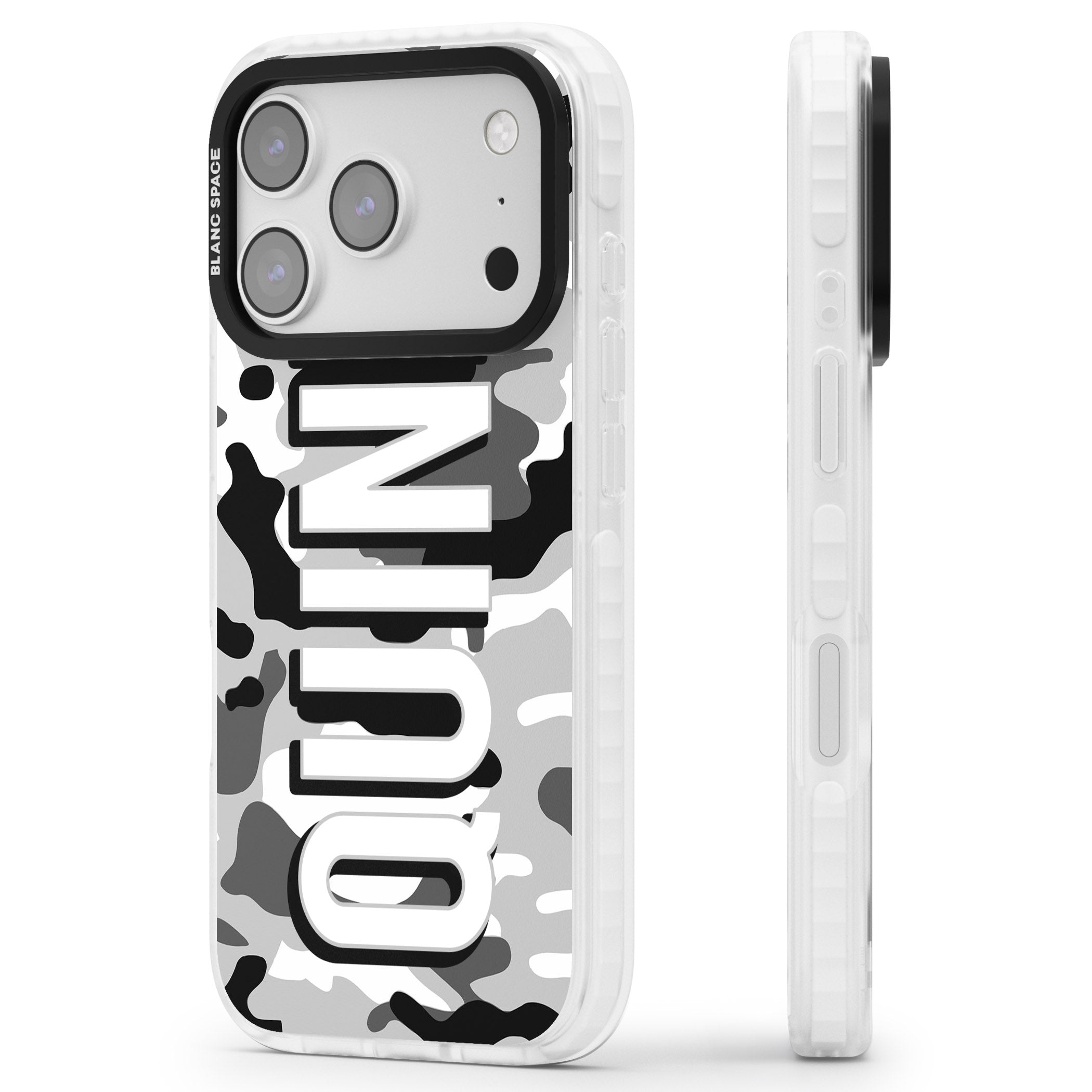 Personalised Greyscale Camo iPhone 17 Pro Impact Clear Phone Case Side Profile