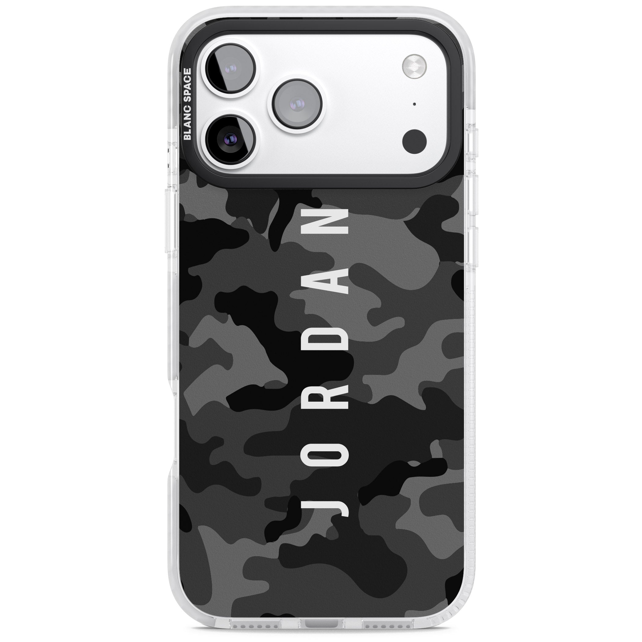 Personalised Black Camouflage Name iPhone 17 Pro Impact Clear Phone Case