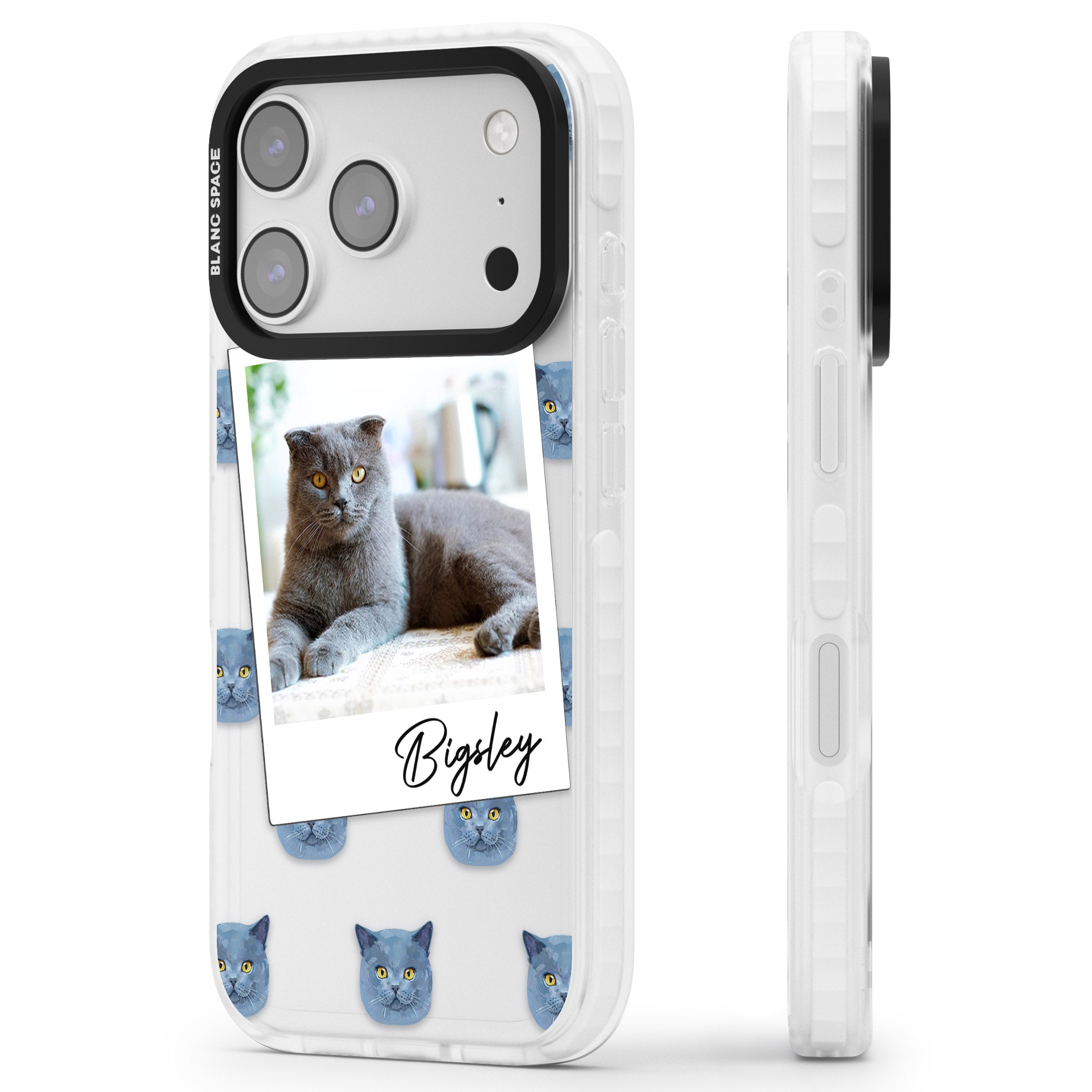 Personalised English Blue Cat Photo iPhone 17 Pro Impact Clear Phone Case Side Profile