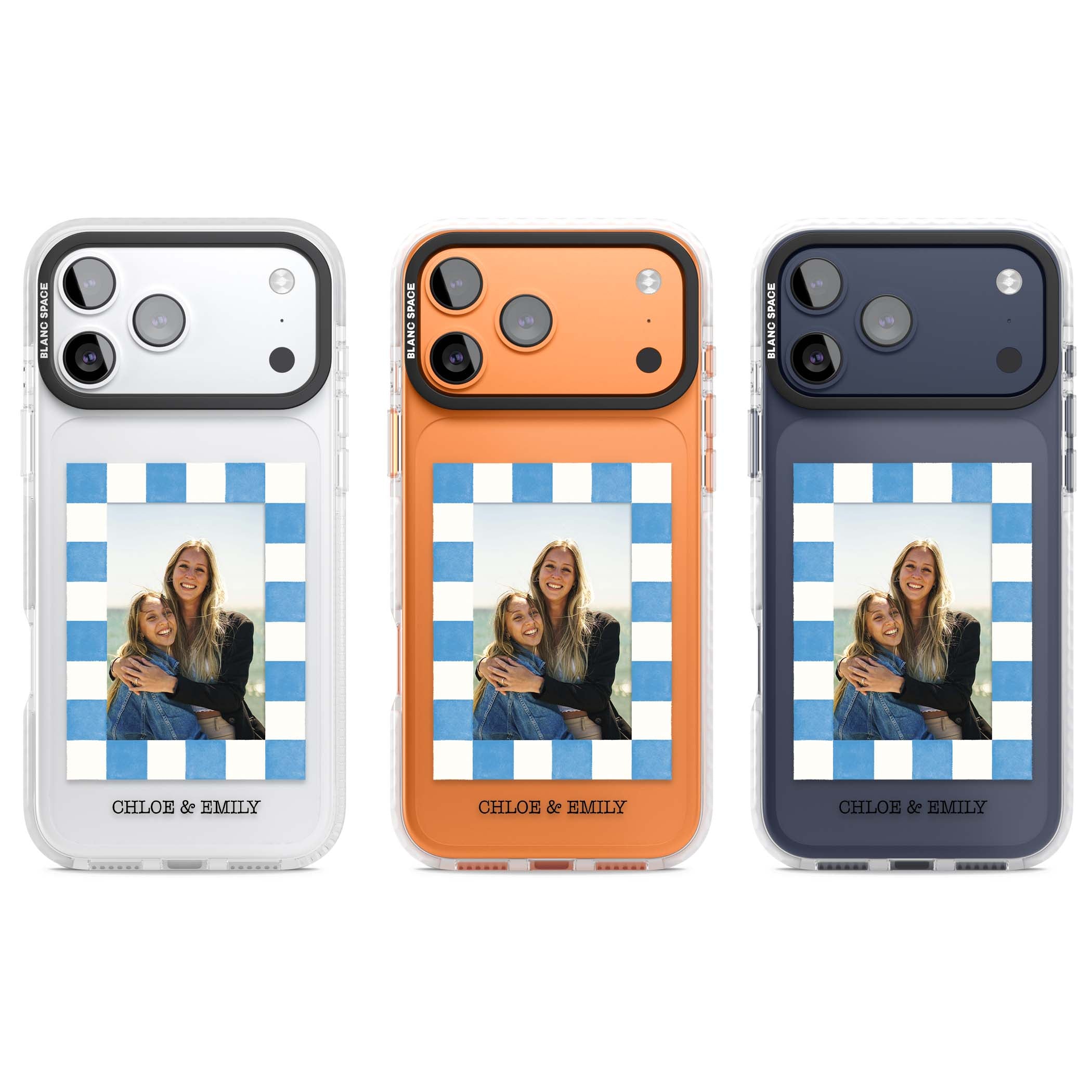 Blue Check Photo personalised photo iPhone case with blue checkered frame and custom couple names | Black Impact case for iPhone 17 Pro, iPhone 17 Pro Max
