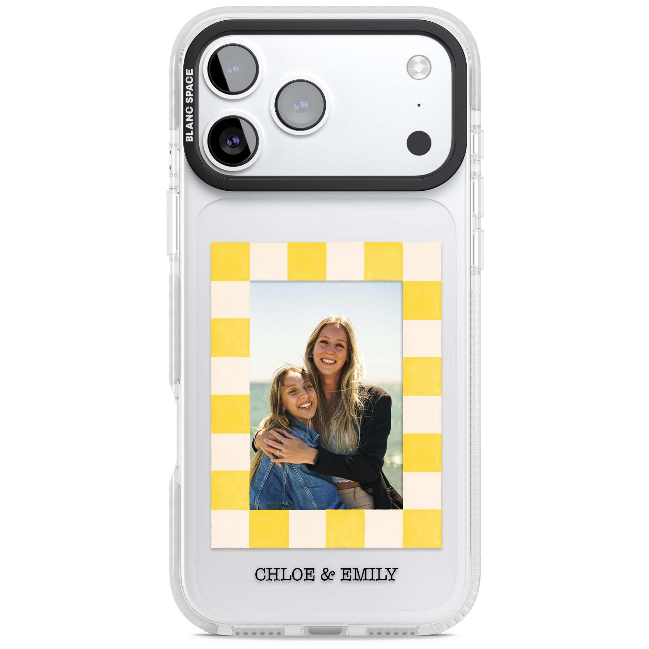 Yellow Check Photo personalised iPhone case with yellow checkered Polaroid frame and custom names beneath | Black Impact case for iPhone 17 Pro, iPhone 17 Pro Max