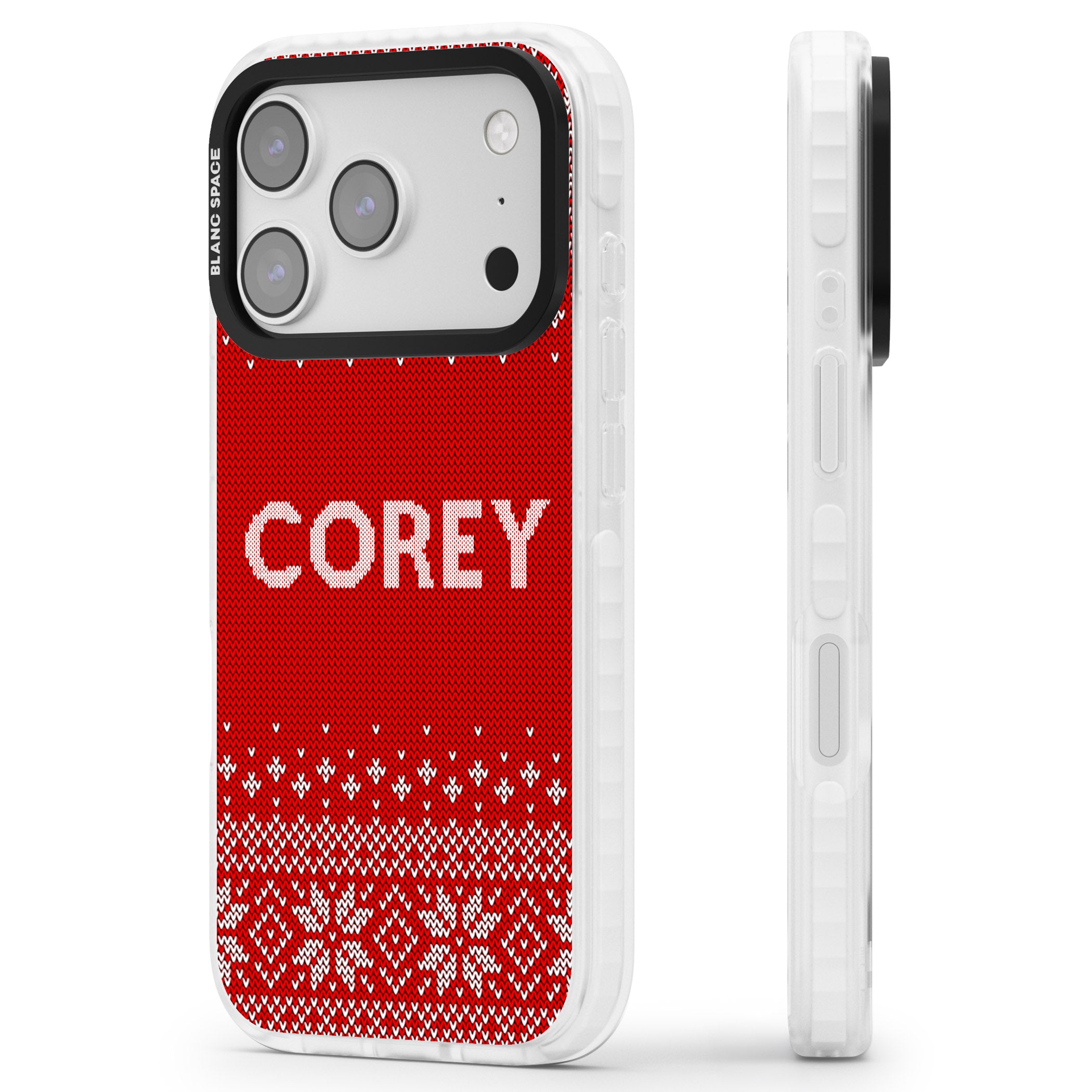 Personalised Red Christmas Knit iPhone 17 Pro Impact Clear Phone Case Side Profile