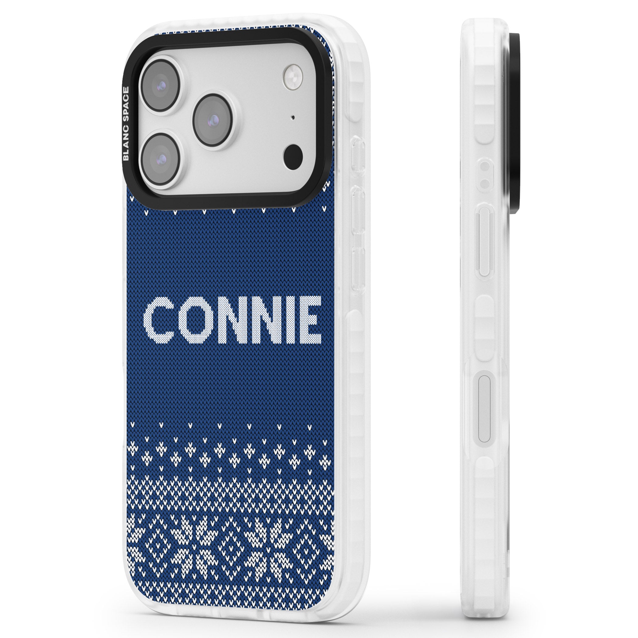 Personalised Blue Knitted Christmas iPhone 17 Pro Impact Clear Phone Case Side Profile