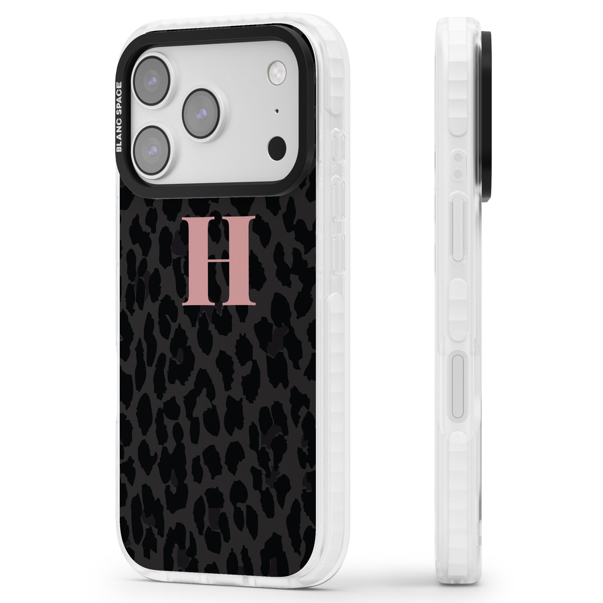 Personalised Pink Leopard Monogram iPhone 17 Pro Impact Clear Phone Case Side Profile
