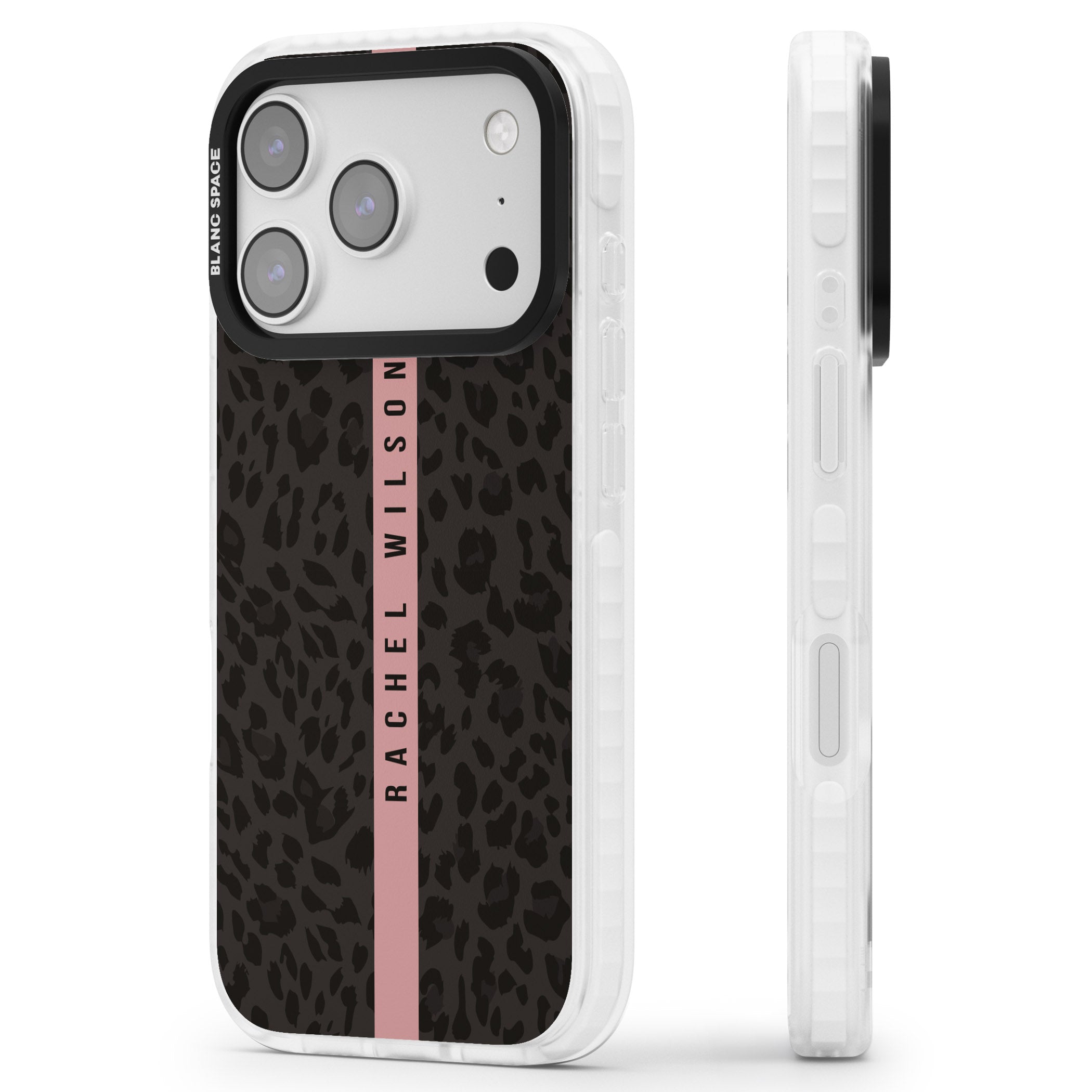 Personalised Pink Stripe Leopard iPhone 17 Pro Impact Clear Phone Case Side Profile