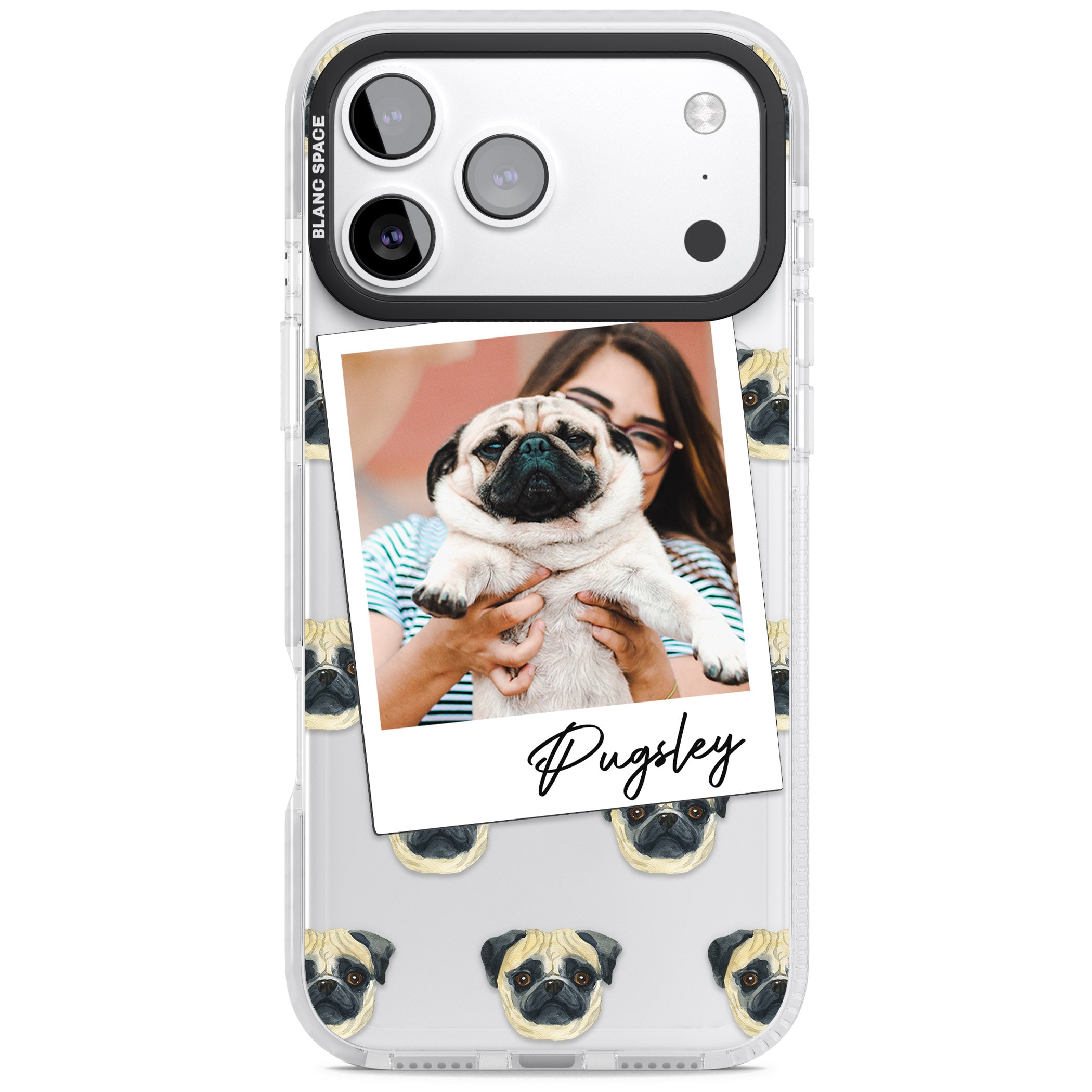 Personalised Pug Instant Camera Photo iPhone 17 Pro Impact Clear Phone Case