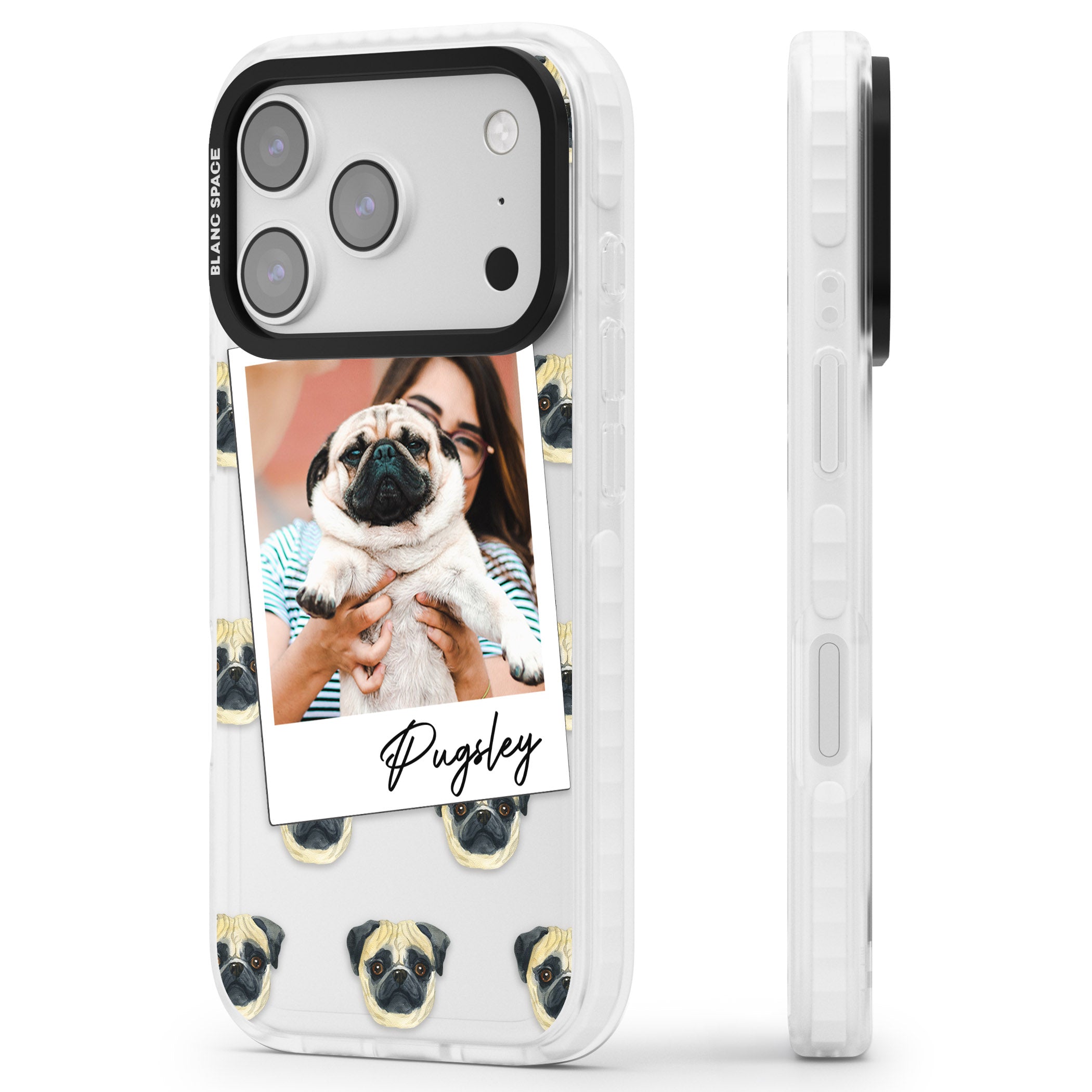 Personalised Pug Instant Camera Photo iPhone 17 Pro Impact Clear Phone Case Side Profile