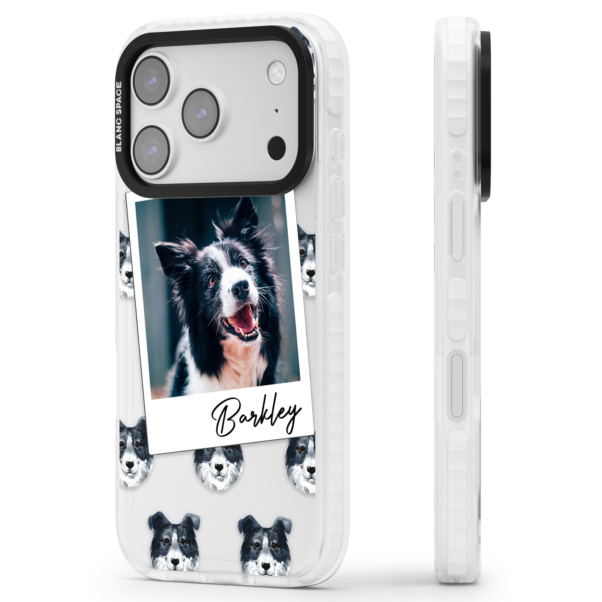 Personalised Border Collie Instant Camera Photo iPhone 17 Pro Impact Clear Phone Case Side Profile