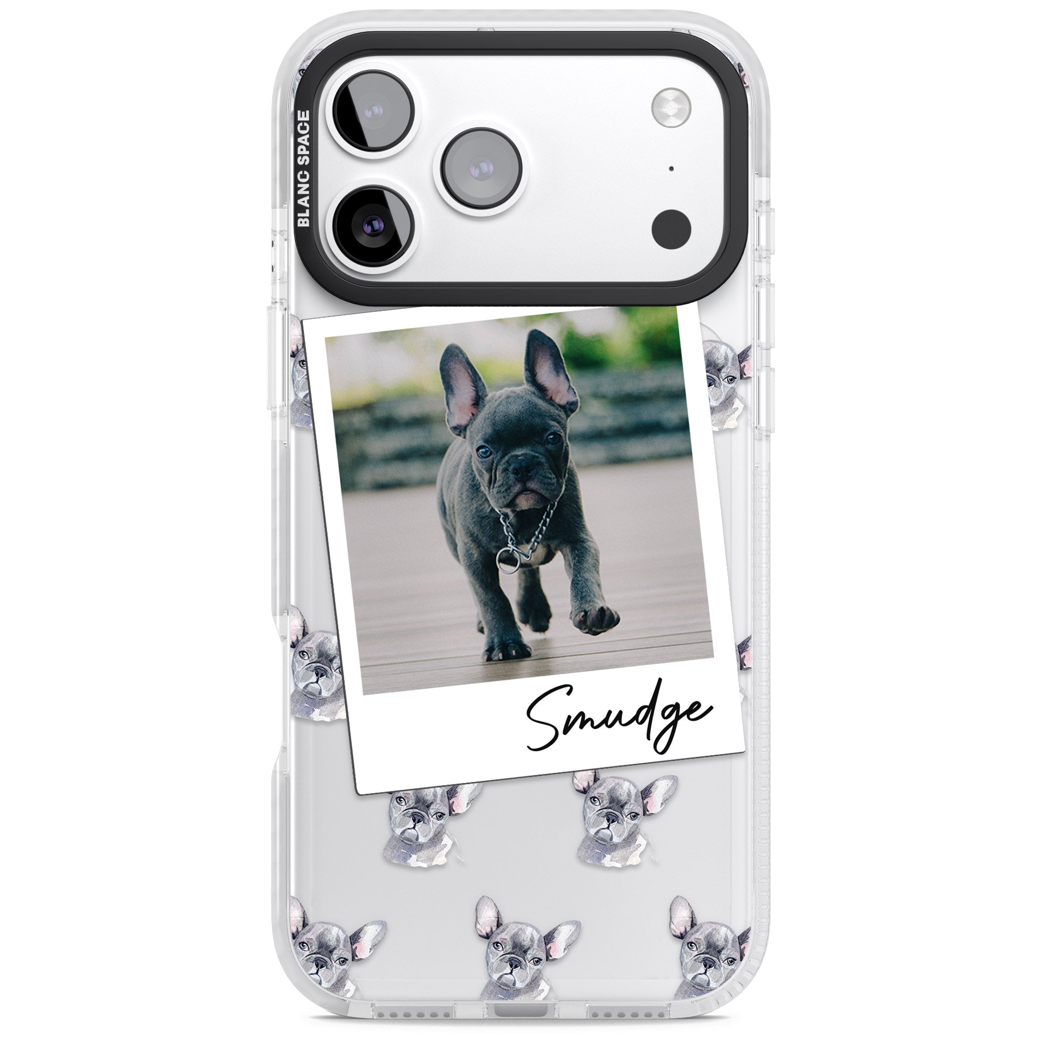 Personalised Grey French Bulldog Instant Camera Photo iPhone 17 Pro Impact Clear Phone Case