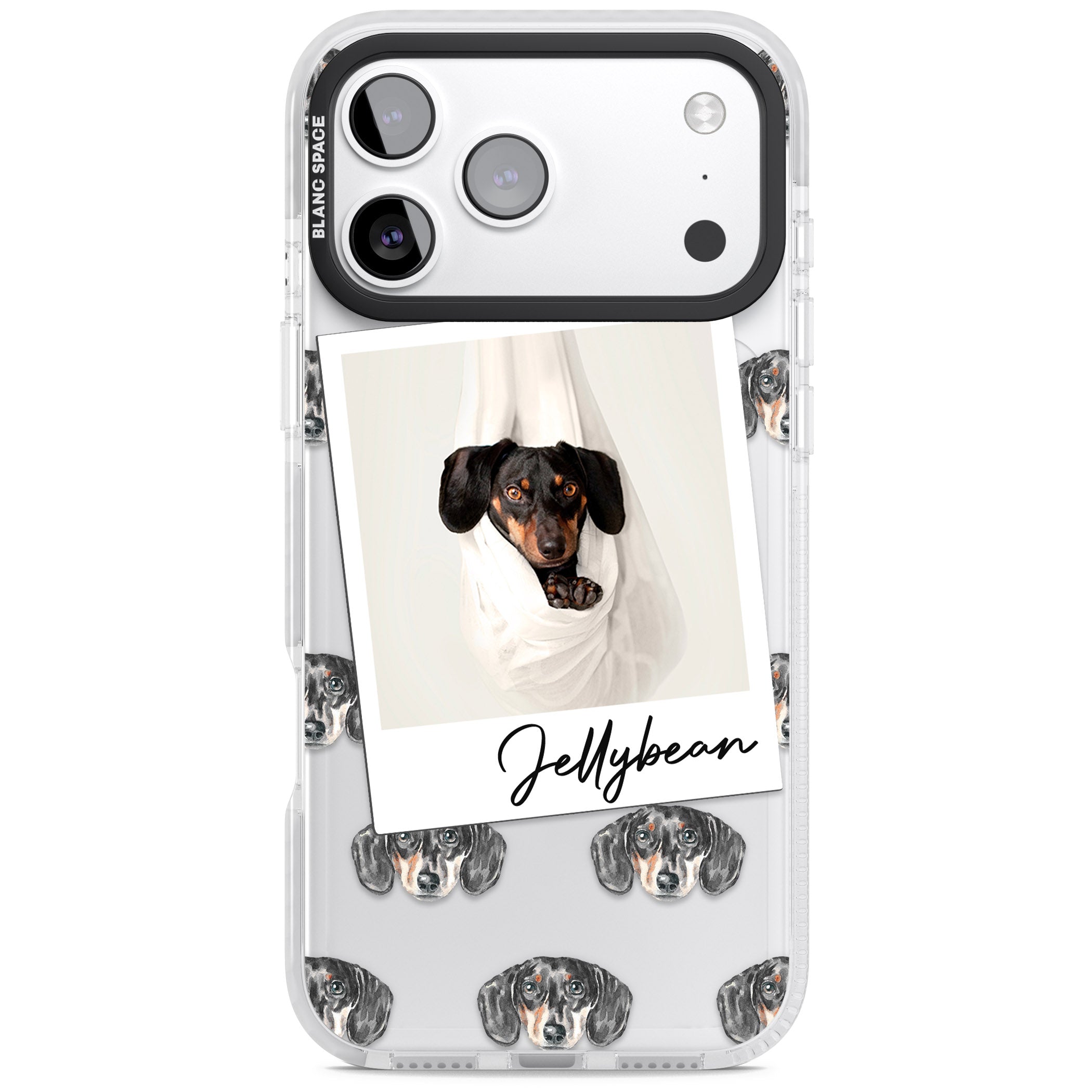 Personalised Black Dachshund Instant Camera Photo iPhone 17 Pro Impact Clear Phone Case