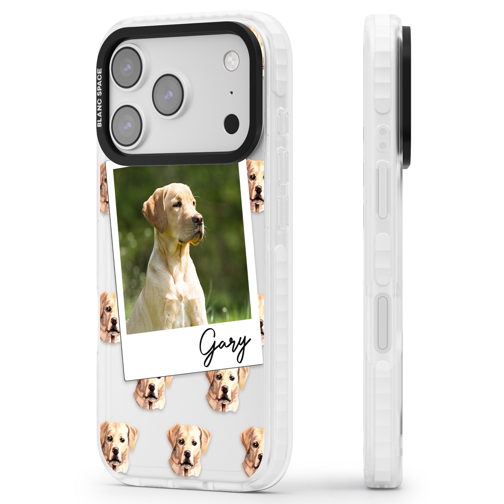 Personalised Tan Black Labrador Instant Camera Photo iPhone 17 Pro Impact Clear Phone Case Side Profile