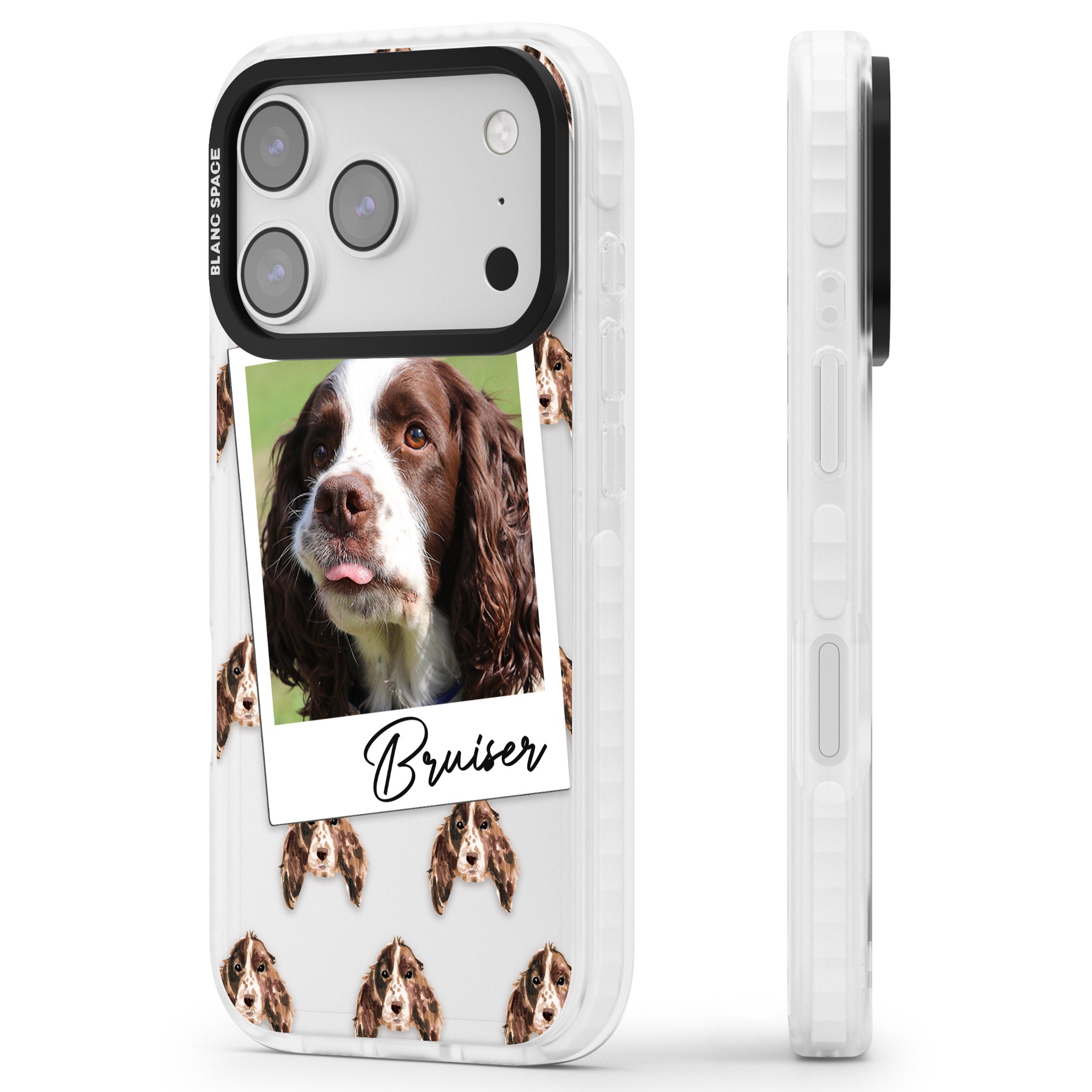 Personalised Springer Spaniel Instant Camera Photo iPhone 17 Pro Impact Clear Phone Case Side Profile