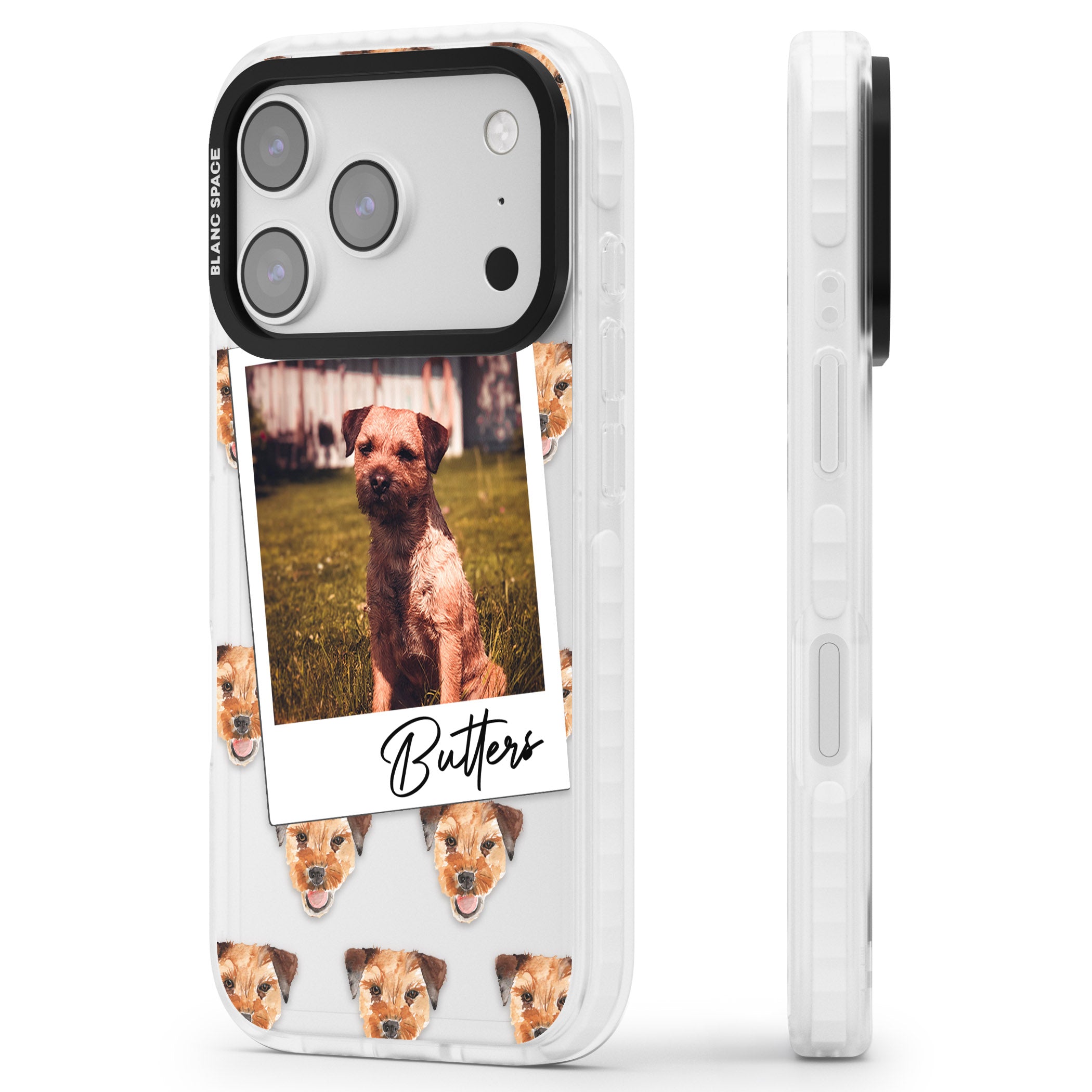 Personalised Border Terrier Instant Camera Photo iPhone 17 Pro Impact Clear Phone Case Side Profile