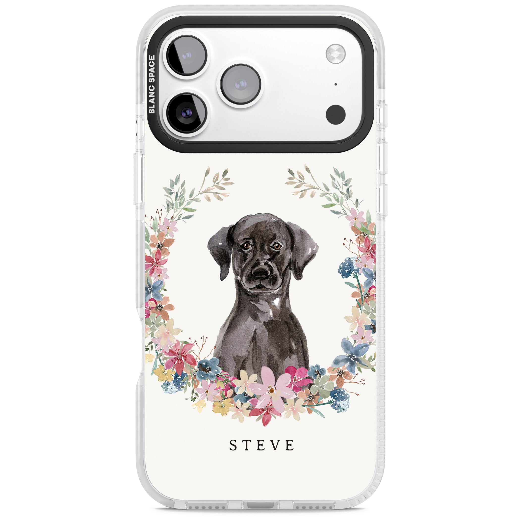 Personalised Black Labrador Floral Portrait iPhone 17 Pro Max Impact Clear Phone Case