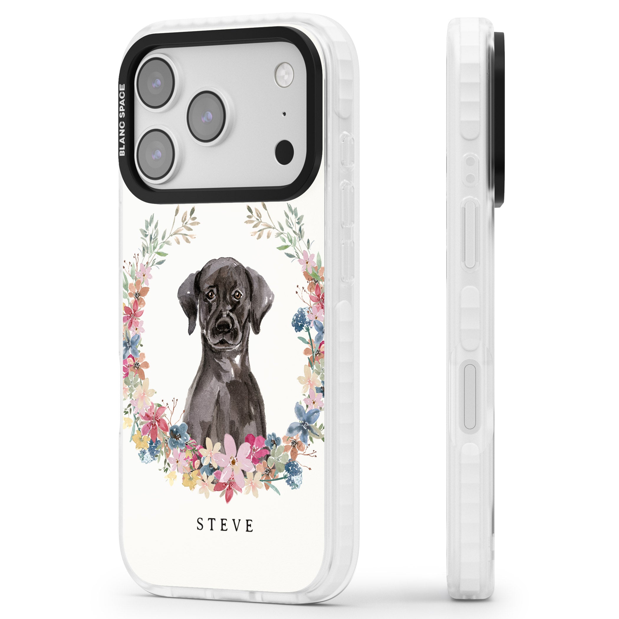 Personalised Black Labrador Floral Portrait iPhone 17 Pro Max Impact Clear Phone Case Side Profile