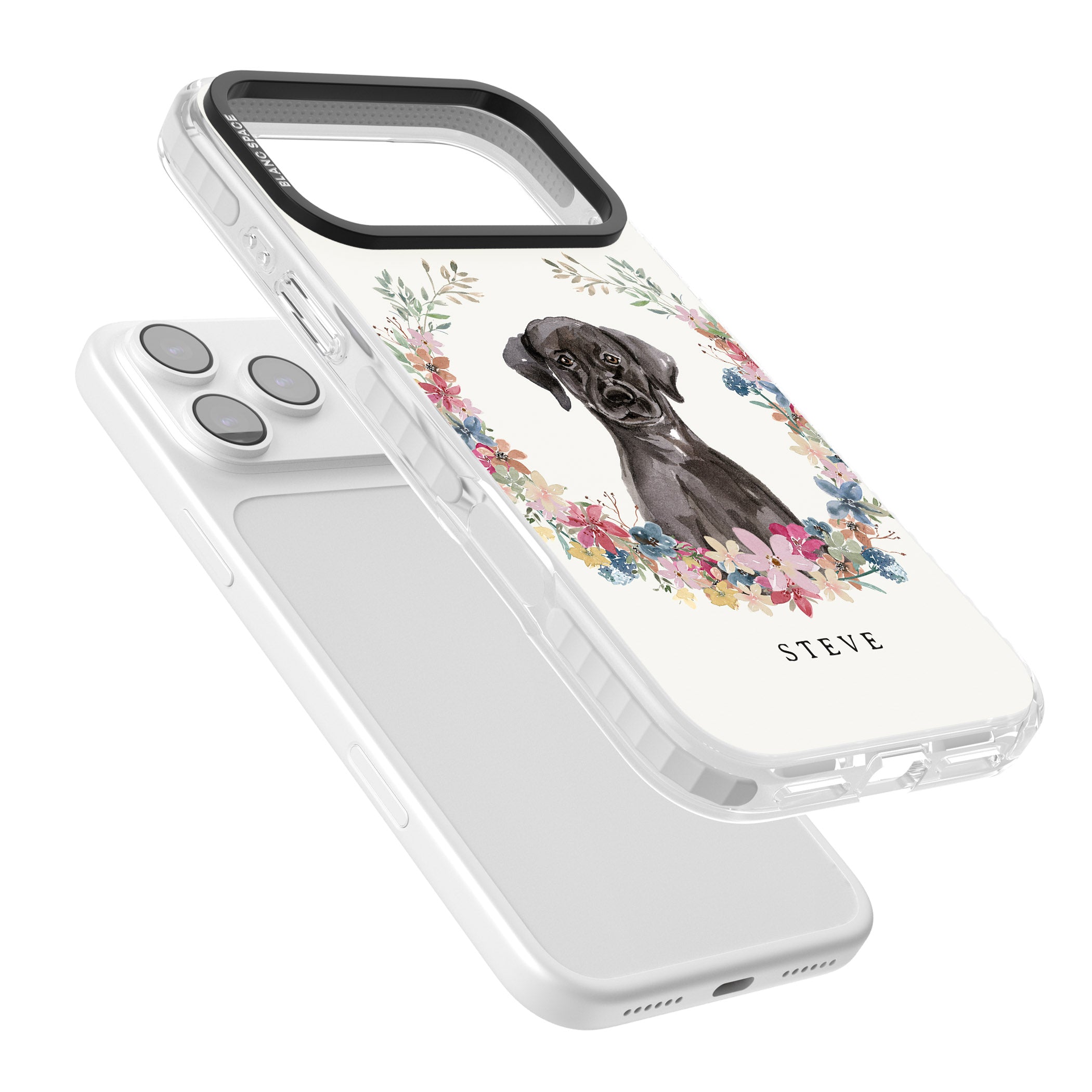 Personalised Black Labrador Floral Portrait iPhone 17 Pro Max Impact Clear Phone Case Colours