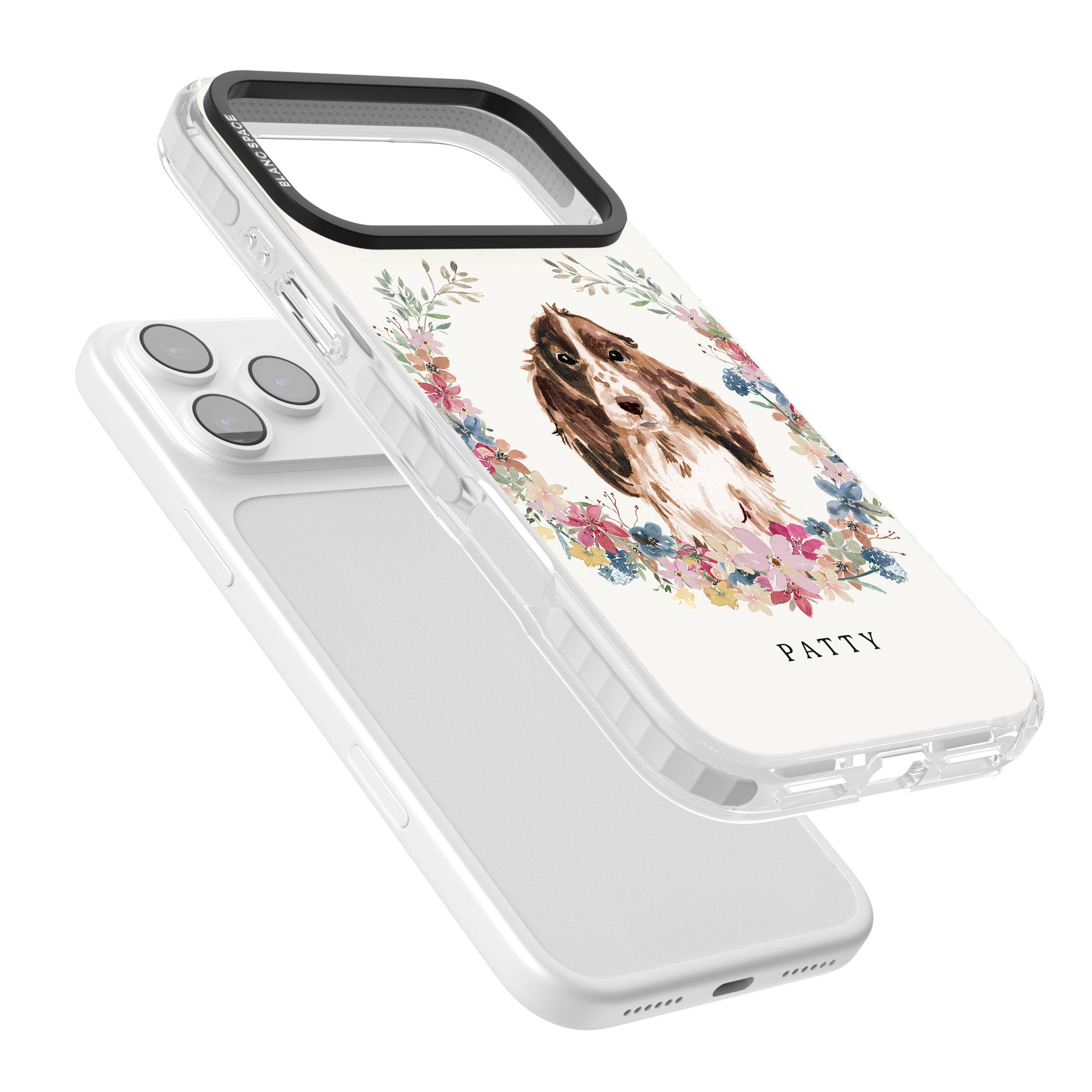 Personalised Cocker Spaniel Floral Portrait iPhone 17 Pro Impact Clear Phone Case Colours