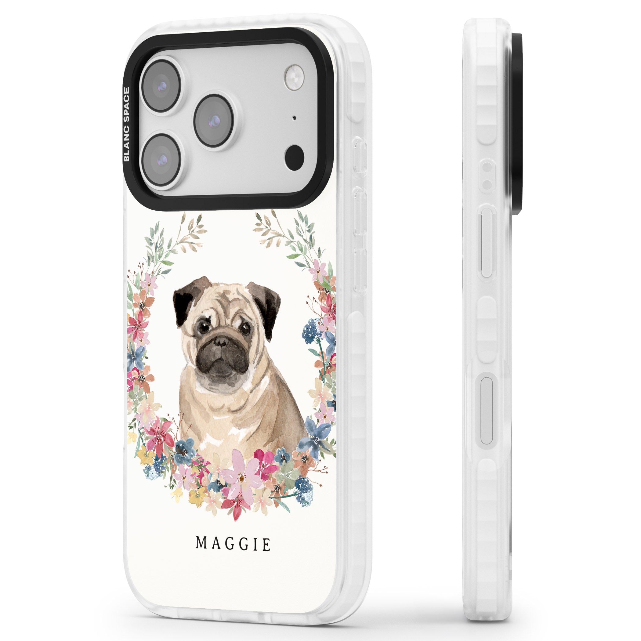 Personalised Pug Floral Portrait iPhone 17 Pro Impact Clear Phone Case Side Profile