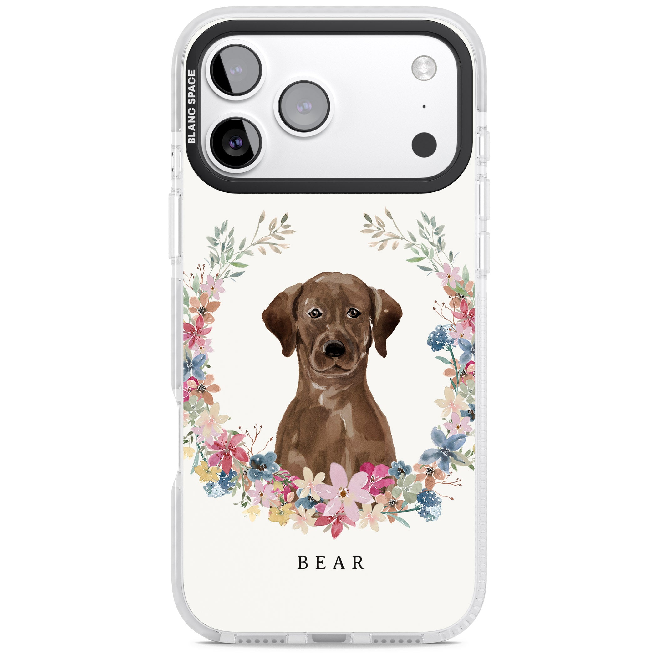 Personalised Chocolate Labrador Floral Portrait iPhone 17 Pro Impact Clear Phone Case