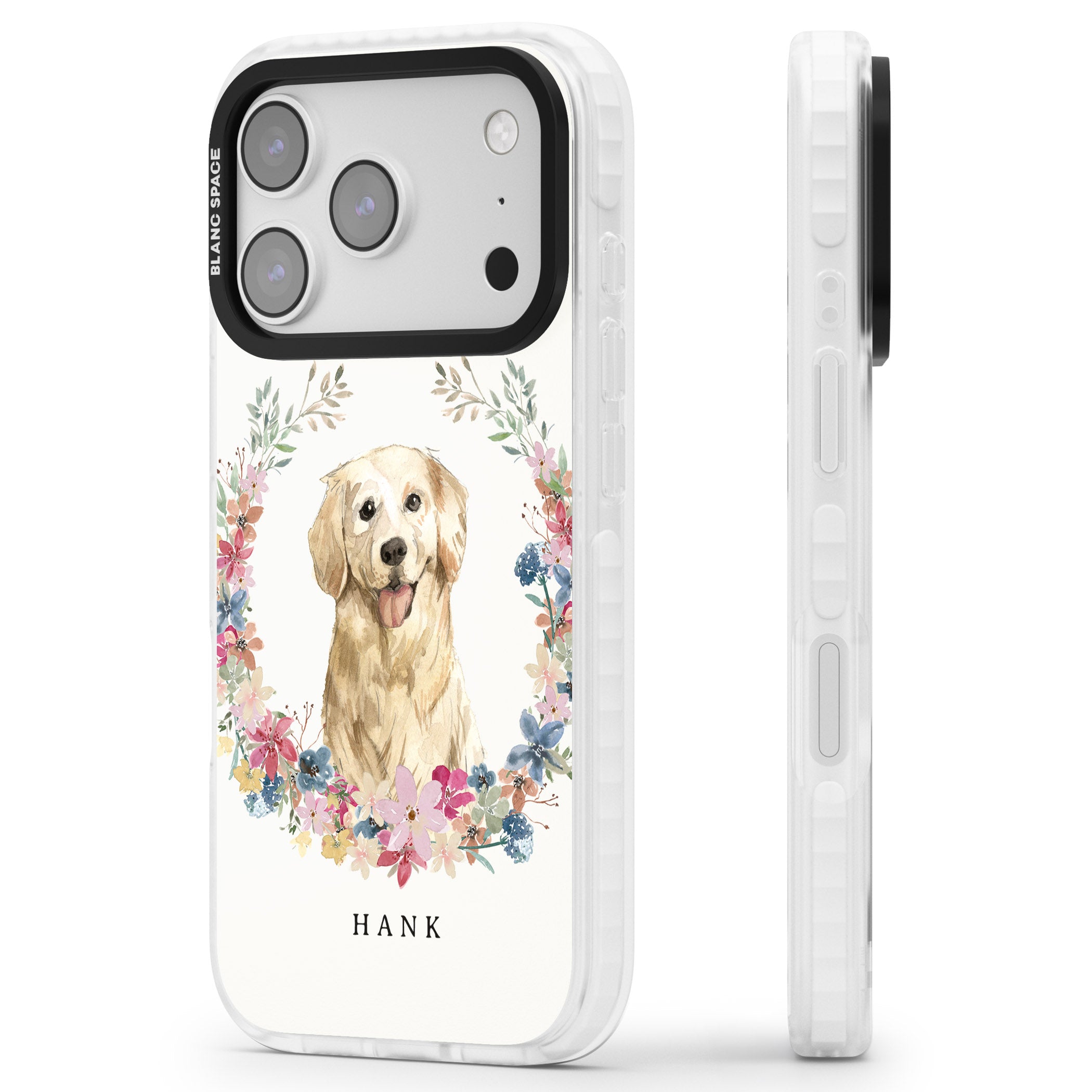 Personalised Golden Retriever Floral Portrait iPhone 17 Pro Impact Clear Phone Case Side Profile