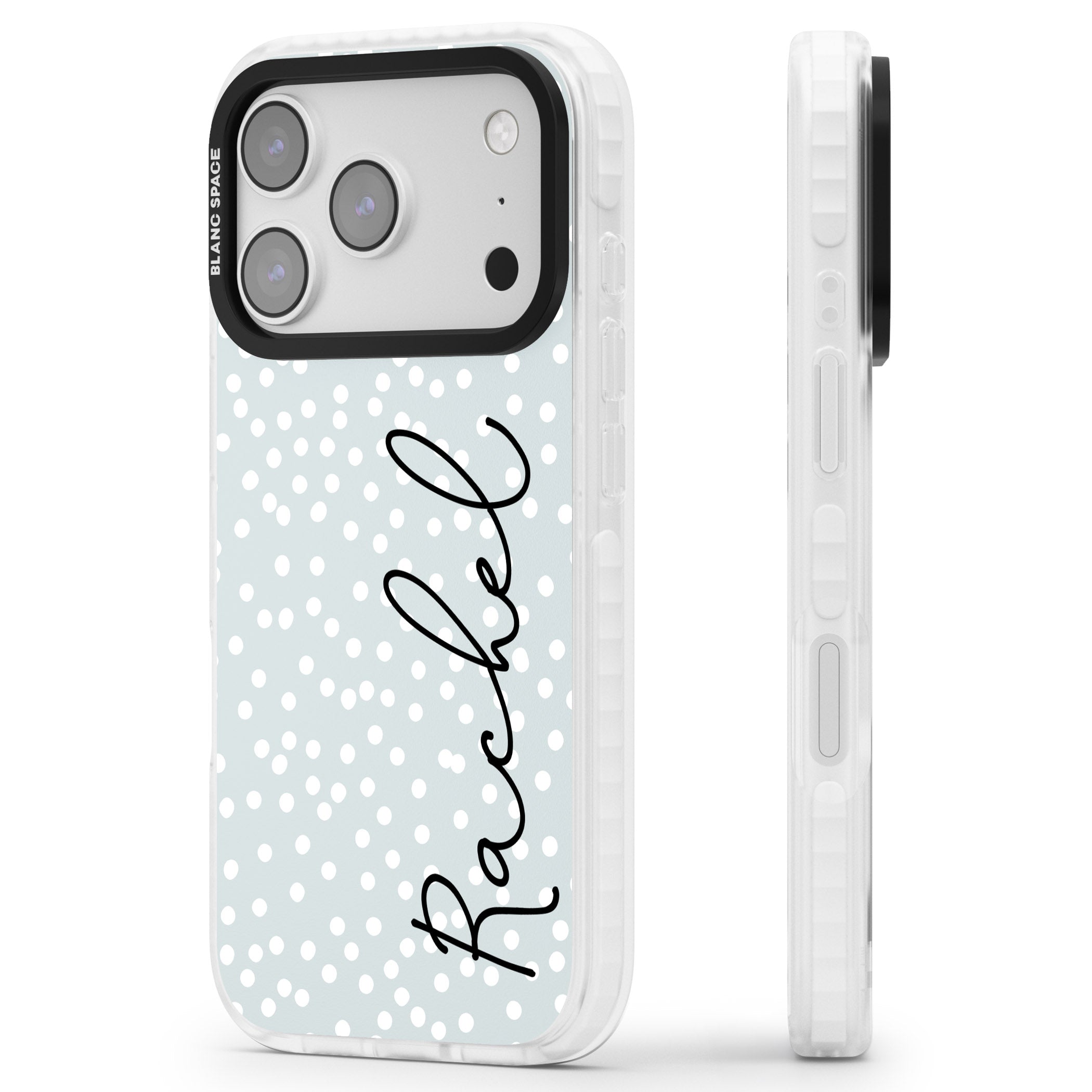 Personalised Vertical Cursive & Dots iPhone 17 Pro Impact Clear Phone Case Side Profile