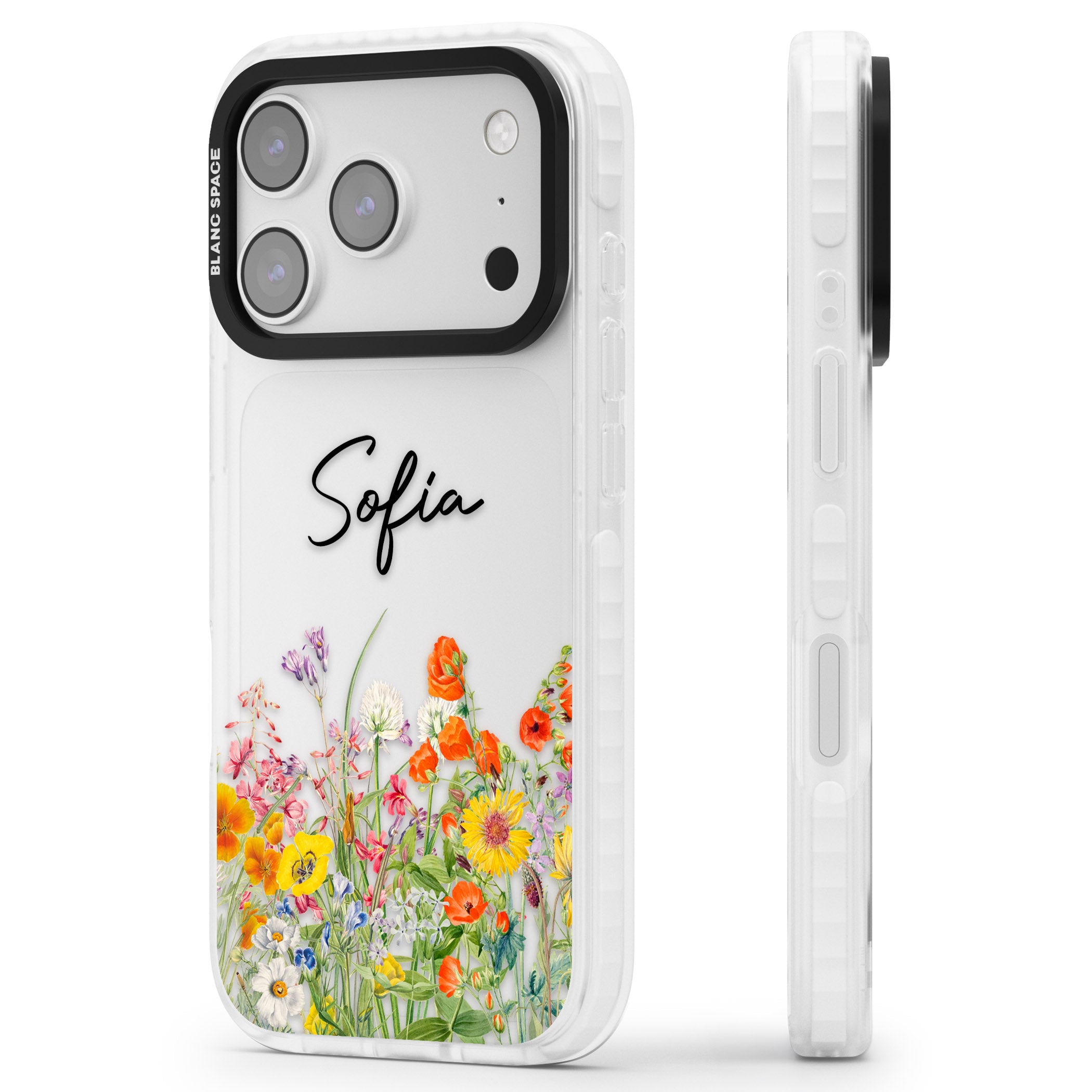 Personalised Summer Wildflowers iPhone 17 Pro Impact Clear Phone Case Side Profile