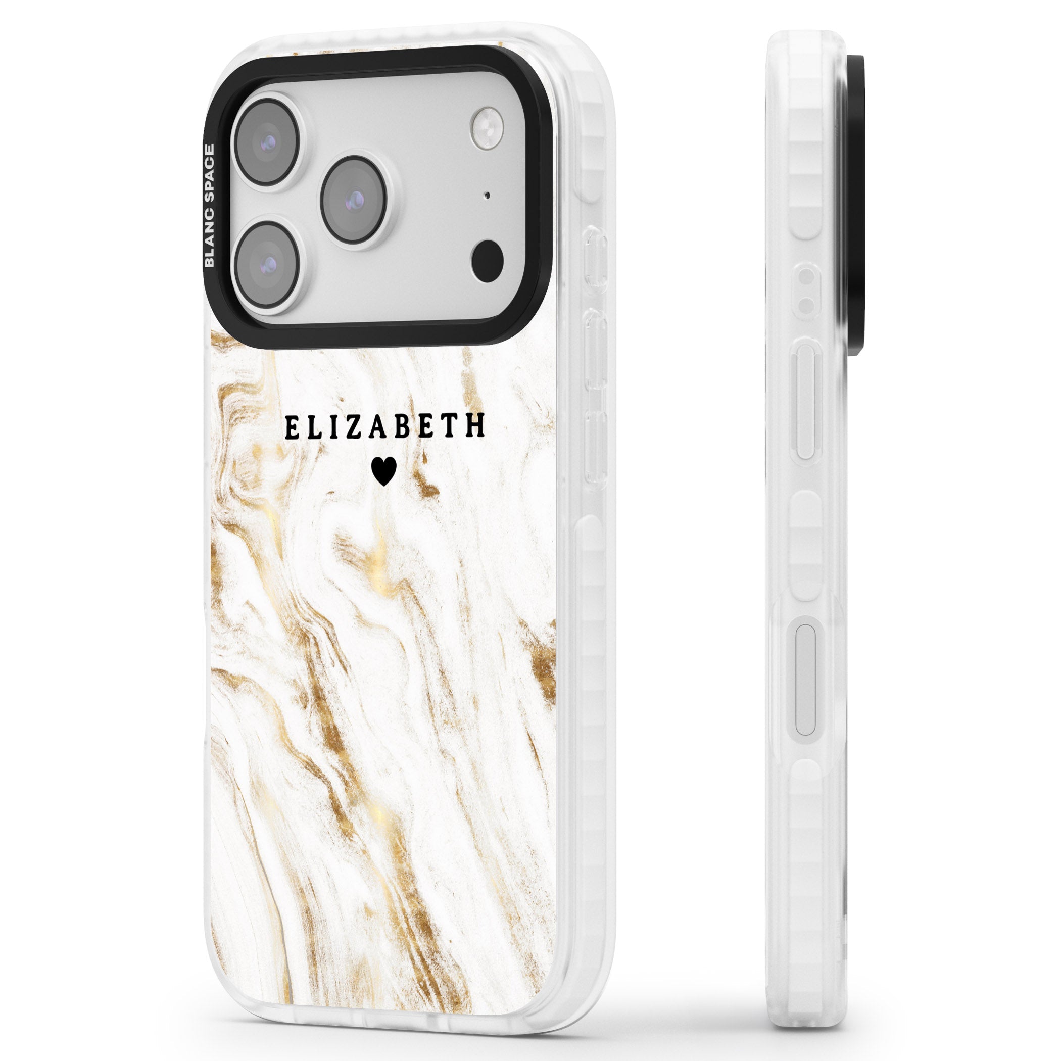 Personalised White & Gold Swirl Marble iPhone 17 Pro Max Impact Clear Phone Case Side Profile