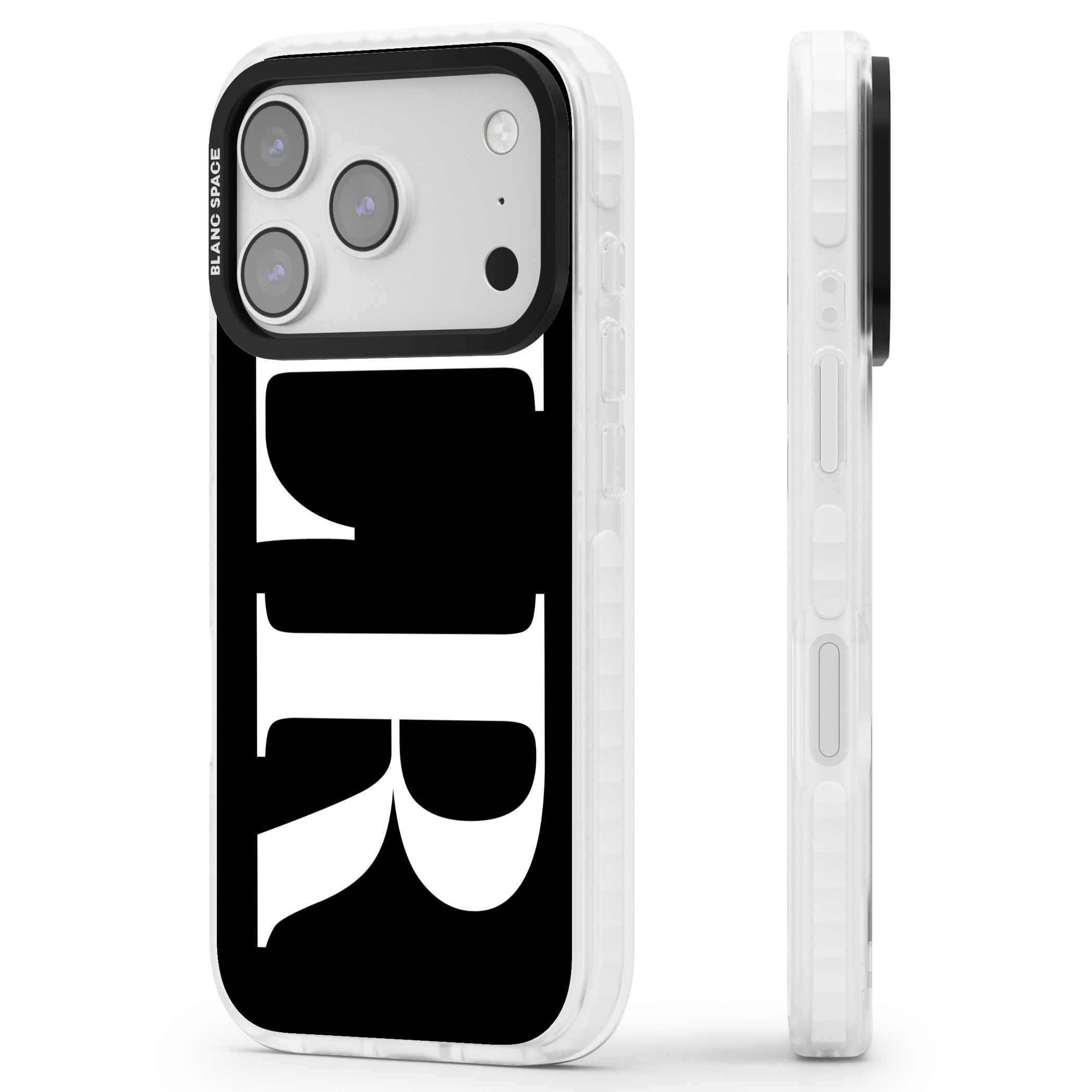 Personalised White & Black Letters iPhone 17 Pro Impact Clear Phone Case Side Profile