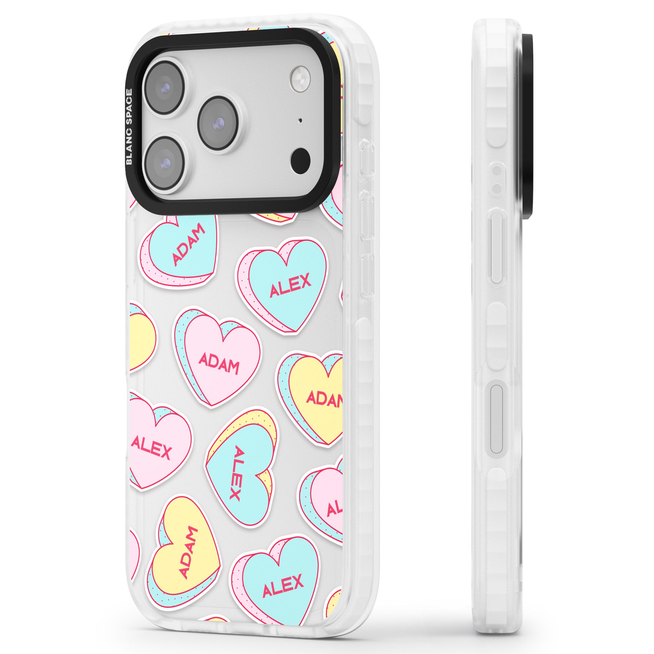 Personalised Love Hearts iPhone 17 Pro Impact Clear Phone Case Side Profile