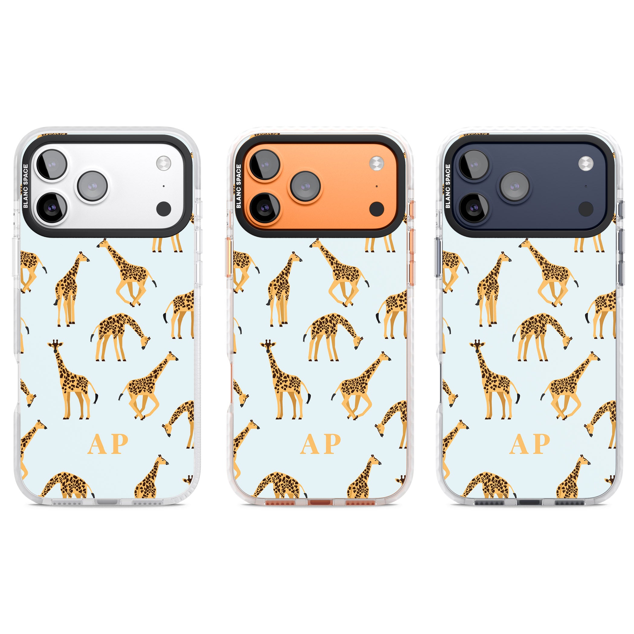 Personalised Safari Giraffe Pattern On Blue iPhone 17 Pro Impact Clear Phone Case APT Impact Protection