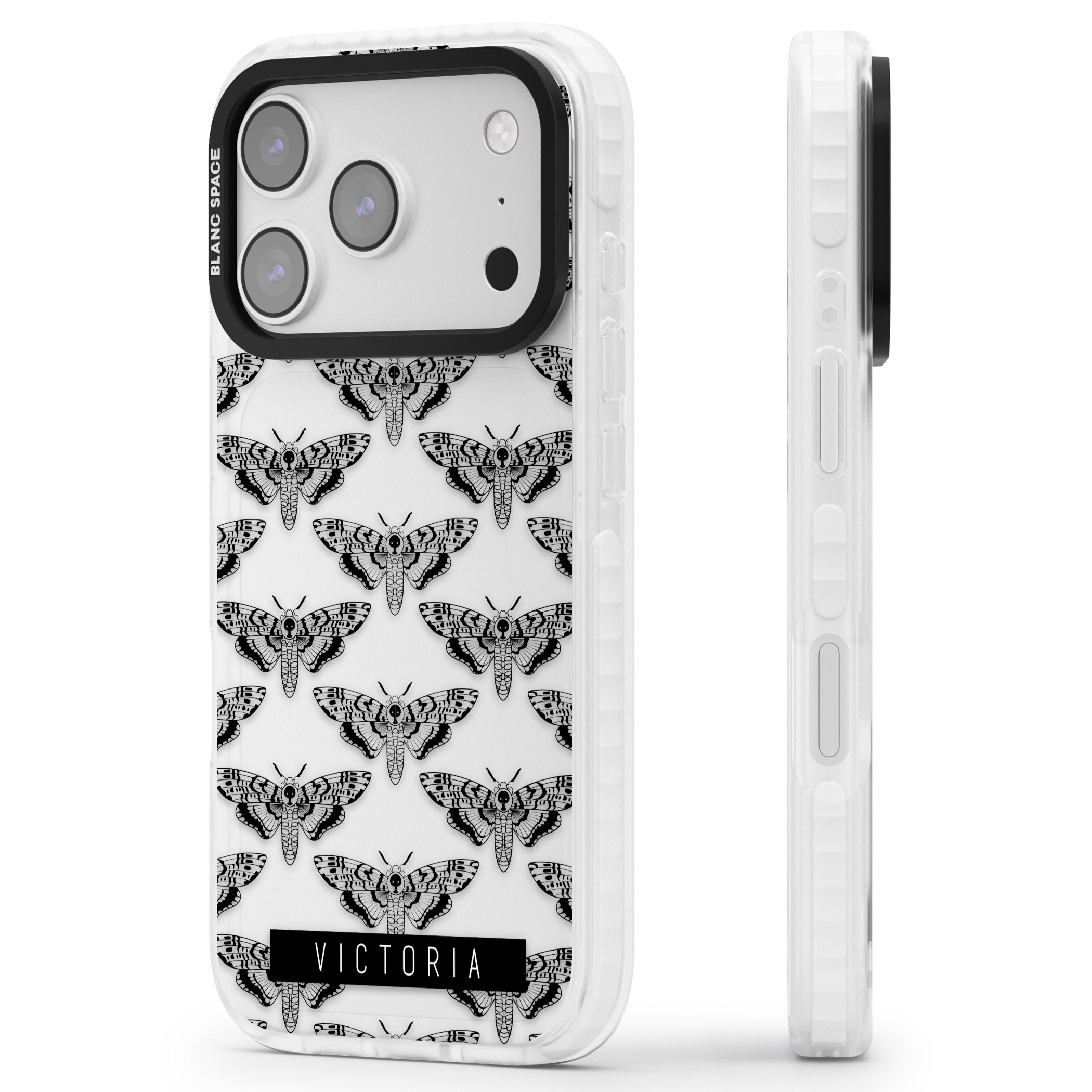 Personalised Hawk Moth Pattern iPhone 17 Pro Impact Clear Phone Case Side Profile
