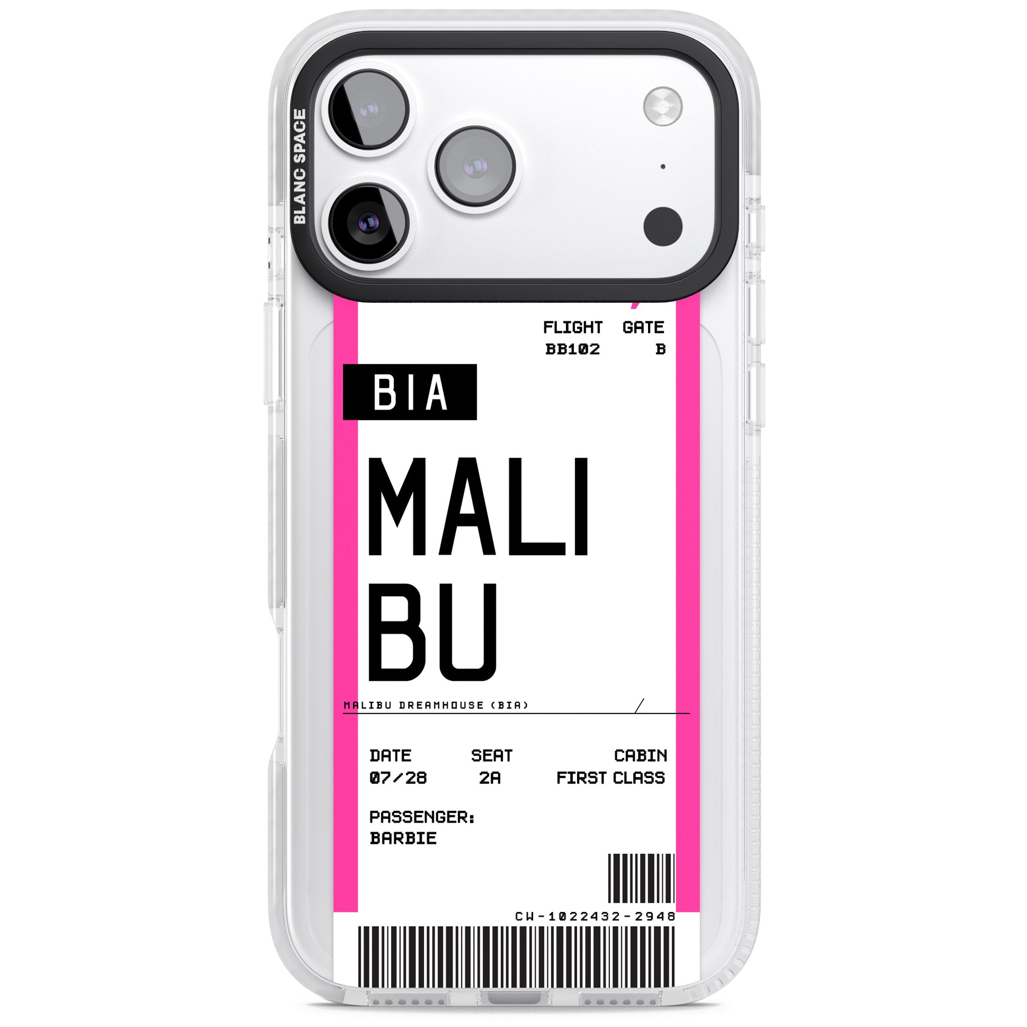 Personalised Pink Malibu Boarding Pass iPhone 17 Pro Impact Clear Phone Case