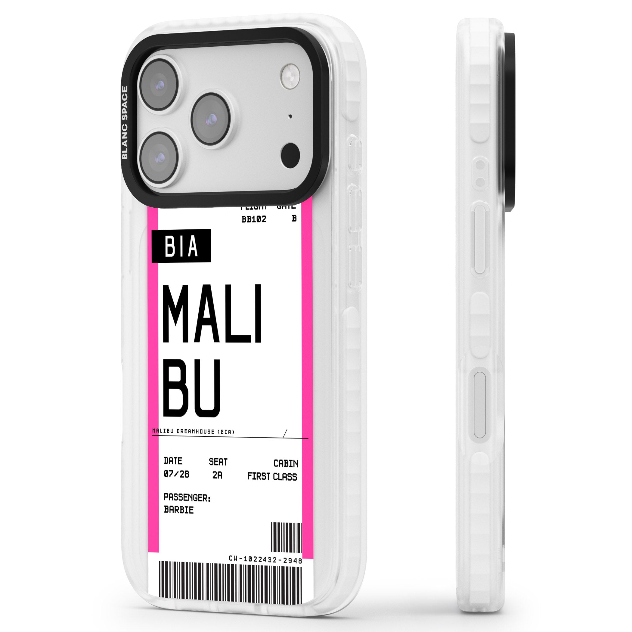 Personalised Pink Malibu Boarding Pass iPhone 17 Pro Impact Clear Phone Case Side Profile