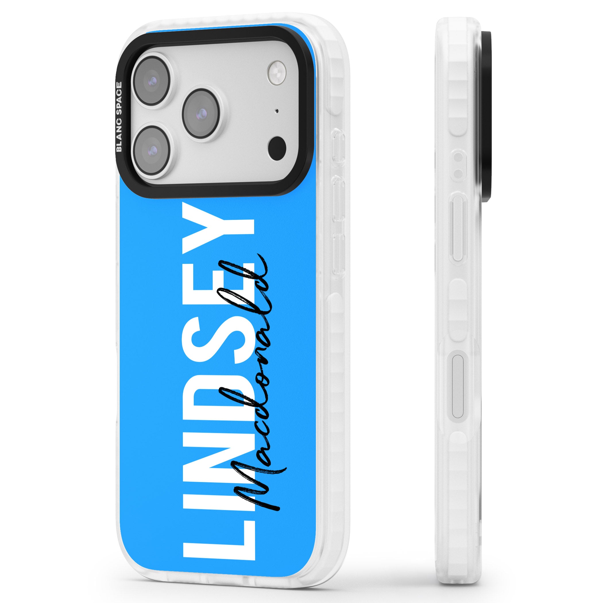 Personalised Bold Name: Blue iPhone 17 Pro Impact Clear Phone Case Side Profile
