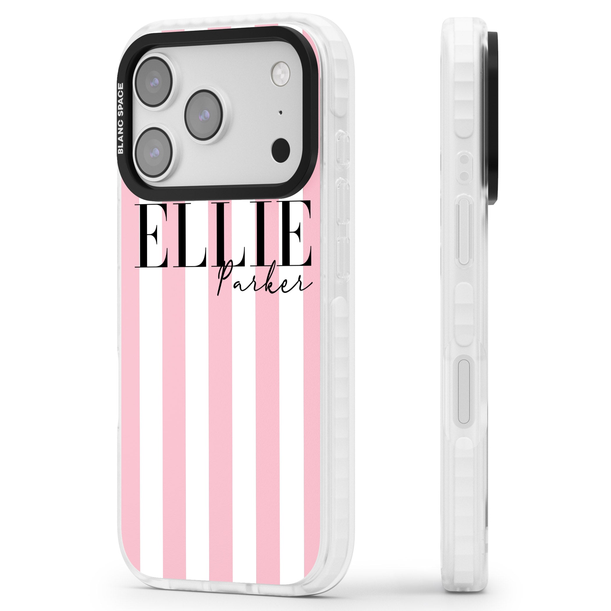 Personalised Pink Stripes iPhone 17 Pro Impact Clear Phone Case Side Profile
