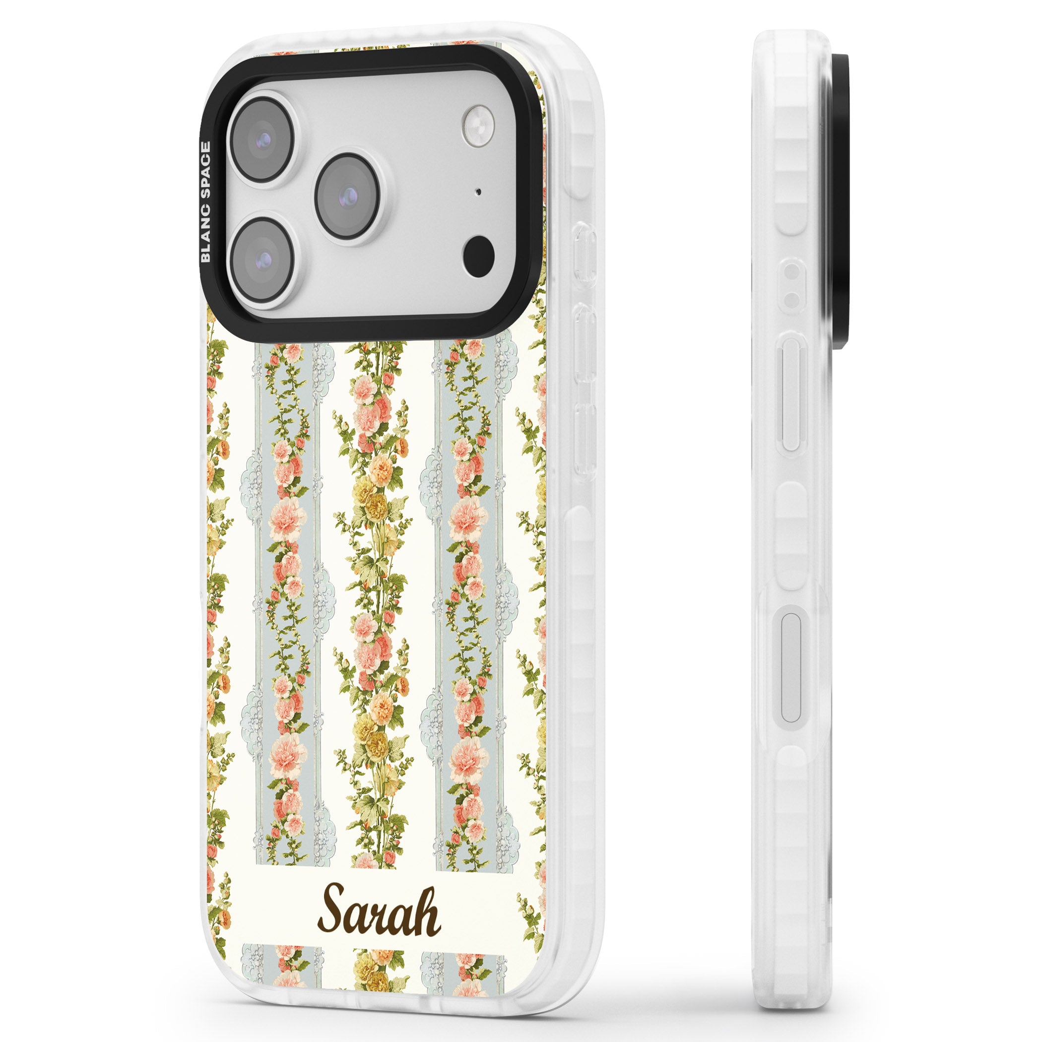 Personalised Vintage Floral Stripes iPhone 17 Pro Impact Clear Phone Case Side Profile