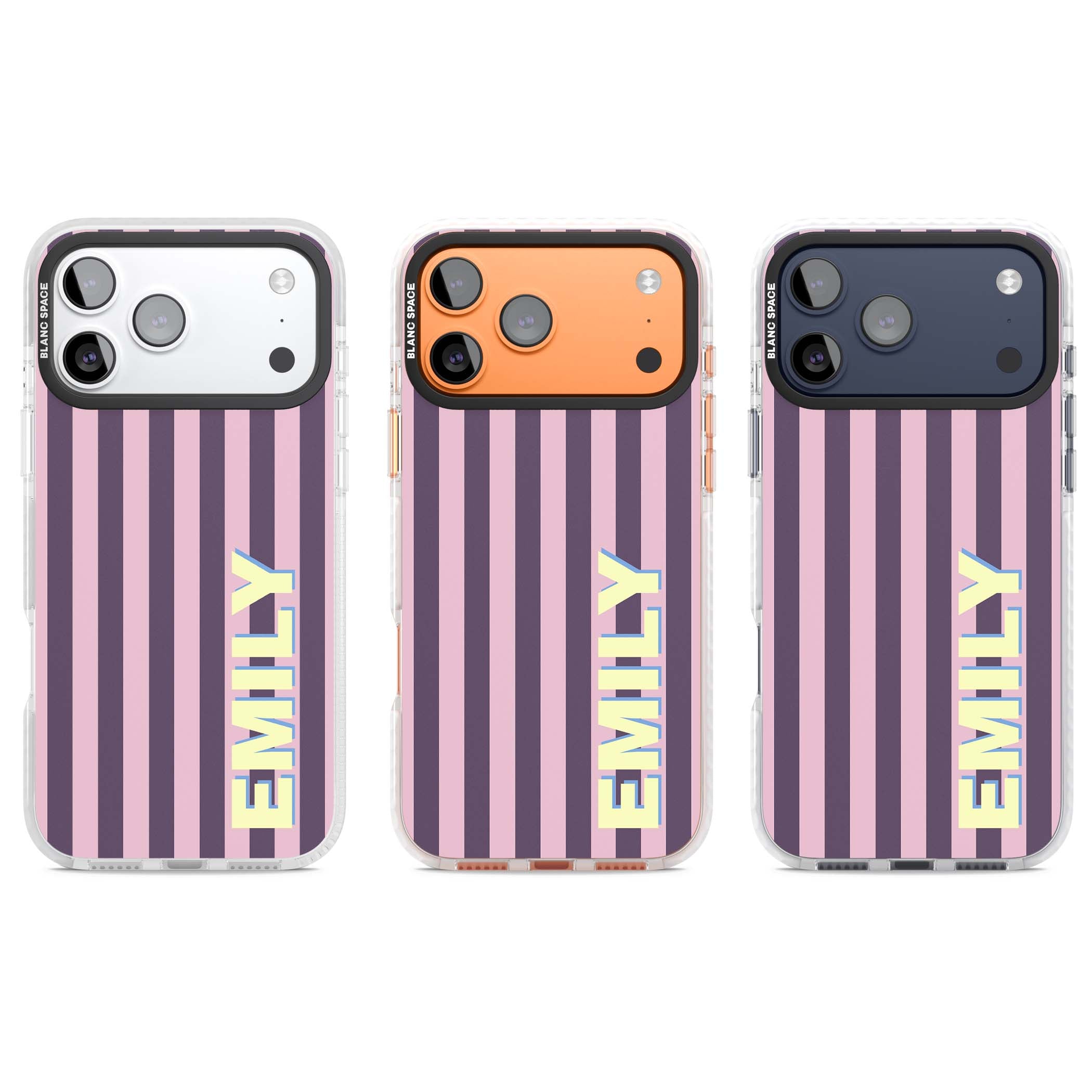 Tyre Stripe personalised stripe iPhone case with plum and pink vertical stripes and custom yellow name | Black Impact case for iPhone 17 Pro, iPhone 17 Pro Max
