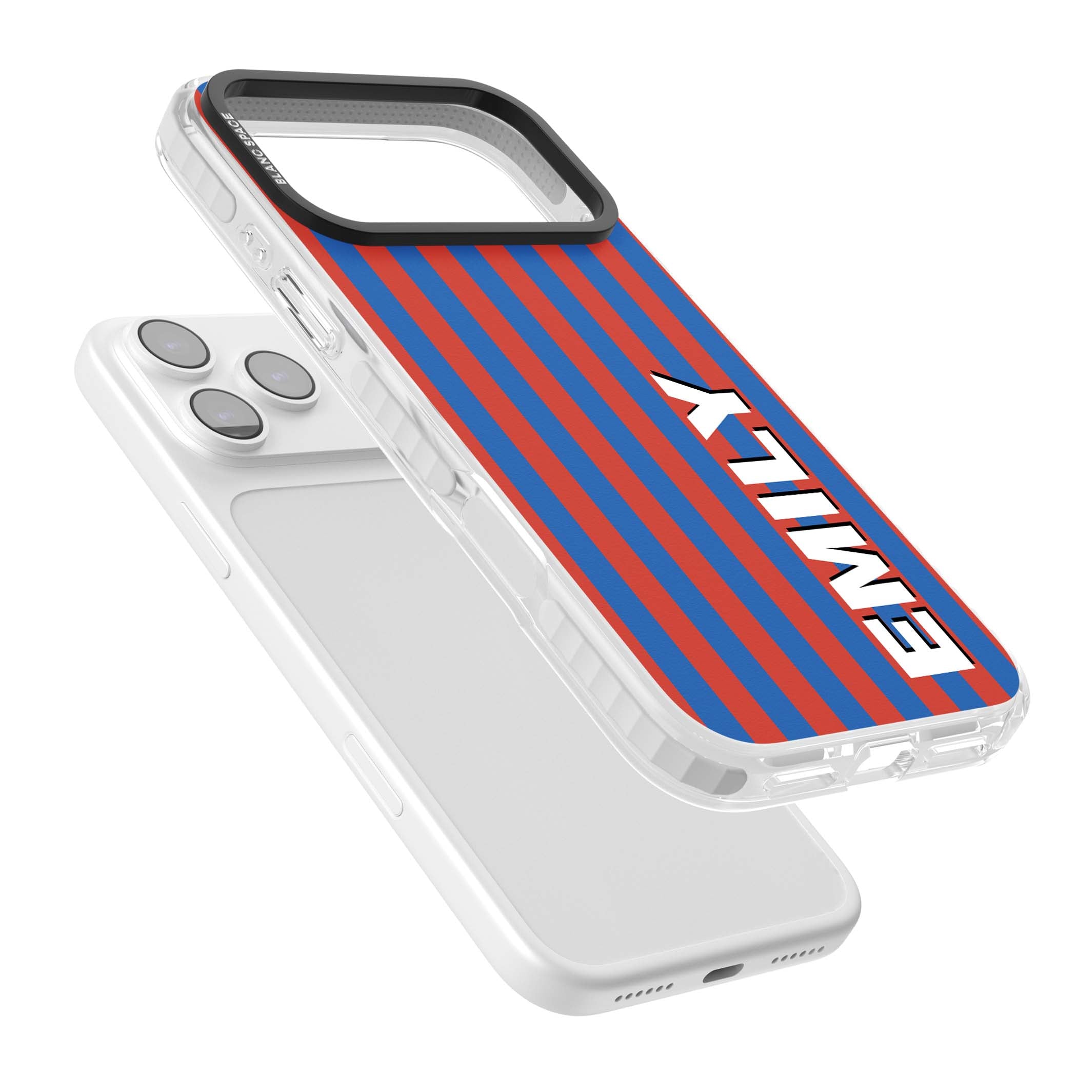 Cuban Stripe personalised iPhone case featuring red and blue vertical stripes with custom name in bold white letters | Black Impact case for iPhone 17 Pro, iPhone 17 Pro Max