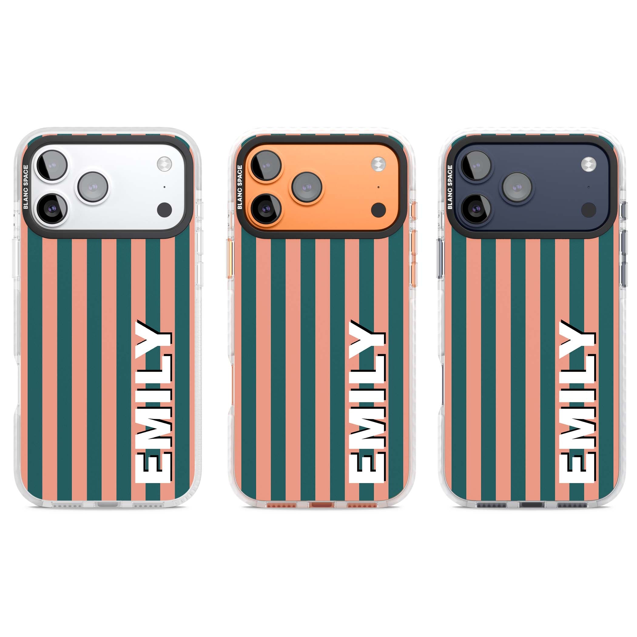 Tuscan Stripe personalised iPhone case featuring coral and green vertical stripes with bold custom name | Black Impact case for iPhone 17 Pro, iPhone 17 Pro Max