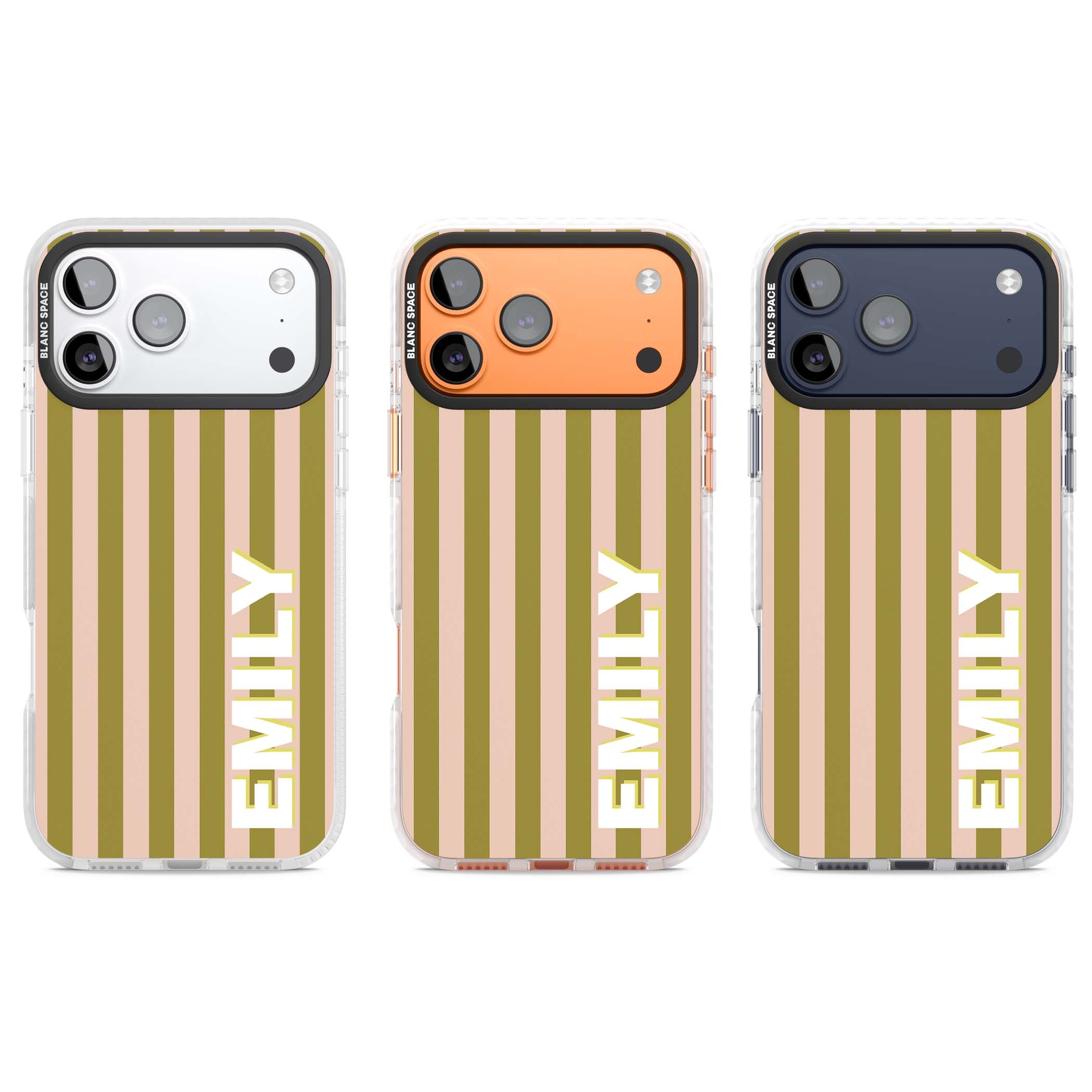 Indian Stripe personalised iPhone case featuring olive green and blush pink vertical stripes with custom name in whit | Black Impact case for iPhone 17 Pro, iPhone 17 Pro Max