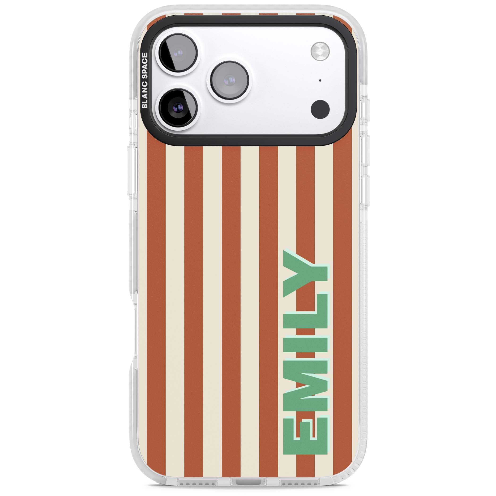 Dune Stripe personalised iPhone case with rust and cream vertical stripes and custom name in mint green | Black Impact case for iPhone 17 Pro, iPhone 17 Pro Max