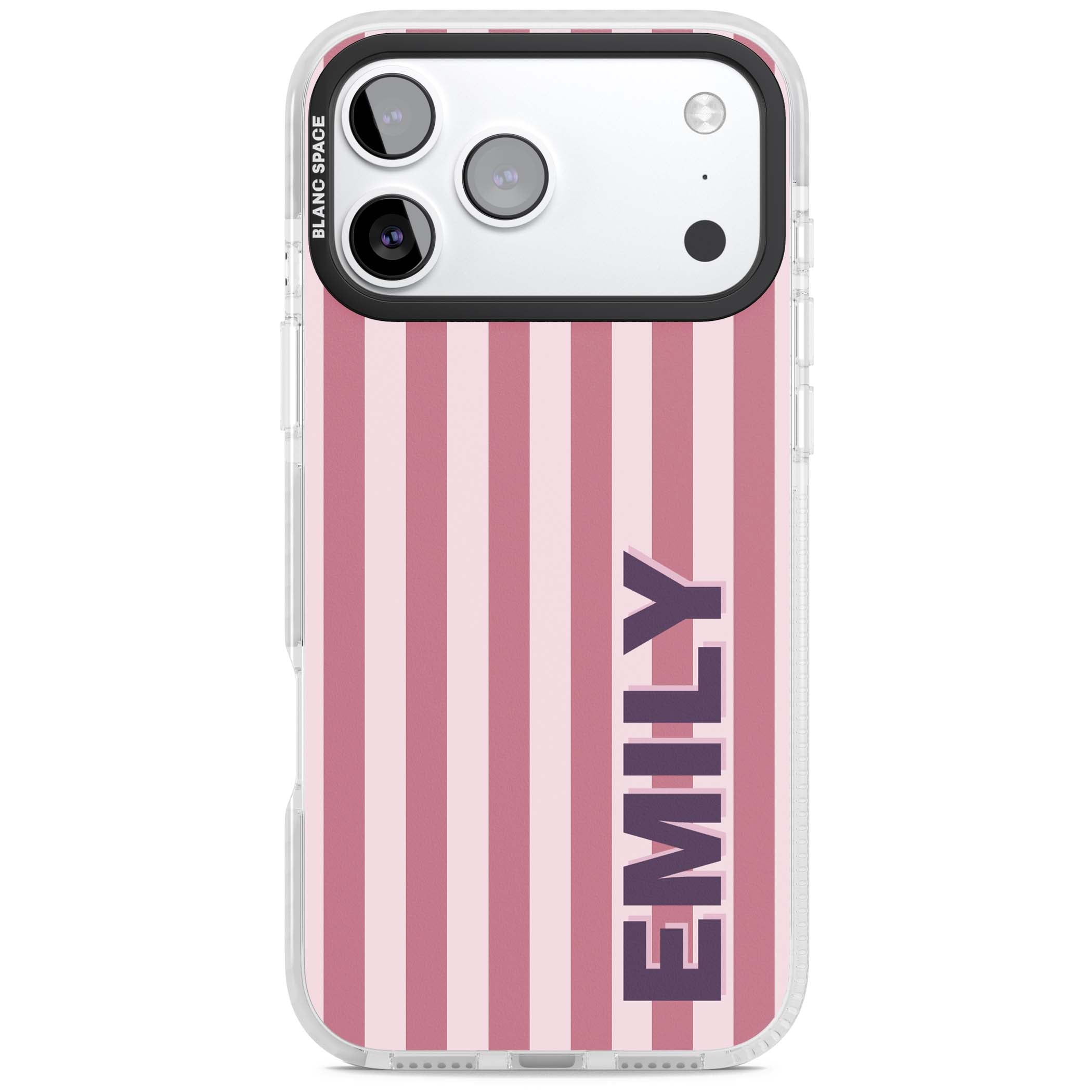 Victoria Stripe personalised iPhone case featuring pink vertical stripes and custom name in bold plum lettering | Black Impact case for iPhone 17 Pro, iPhone 17 Pro Max