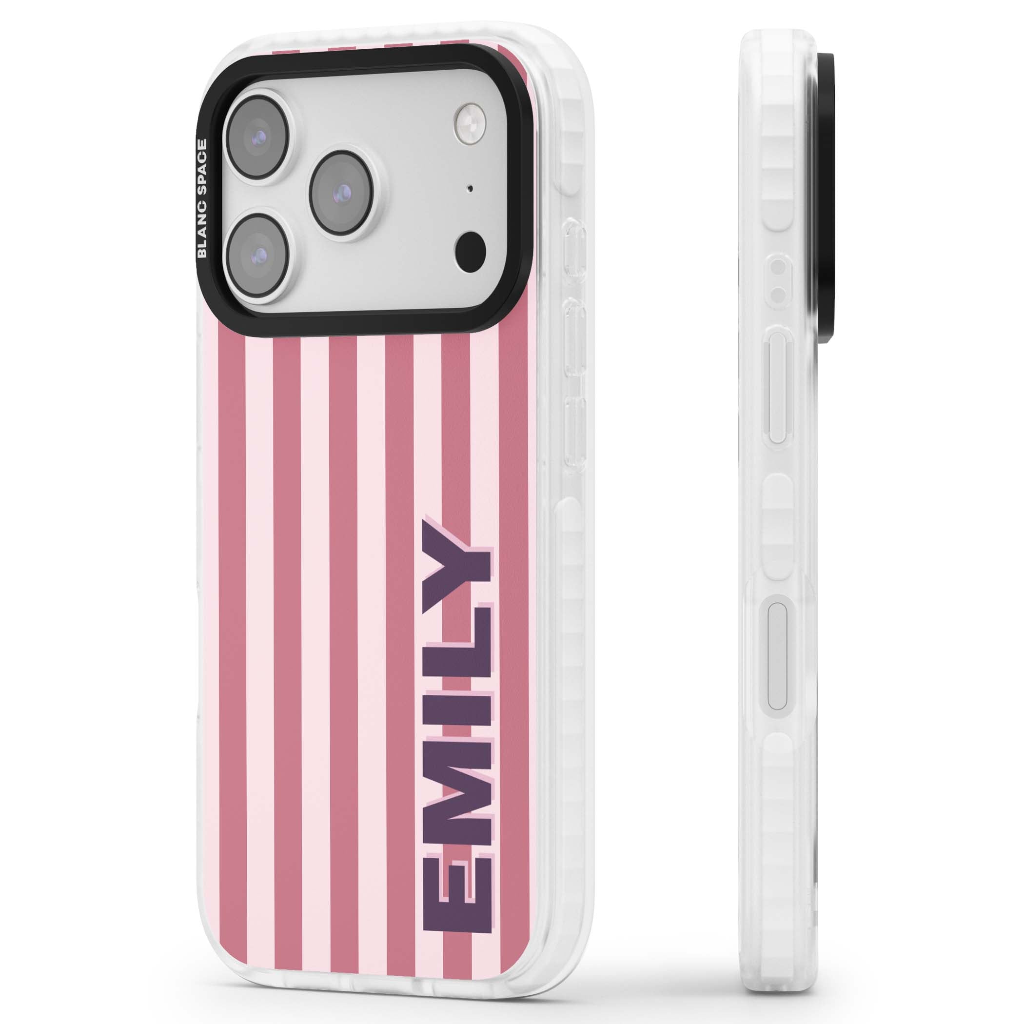 Victoria Stripe personalised iPhone case featuring pink vertical stripes and custom name in bold plum lettering | Black Impact case for iPhone 17 Pro, iPhone 17 Pro Max